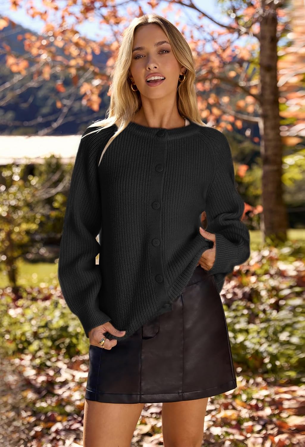 MEROKEETY Women's Winter Fall Long Sleeve Cardigan Sweater 2026 Crew Neck Button Open Front Chunky Knit Outfits - Image 2