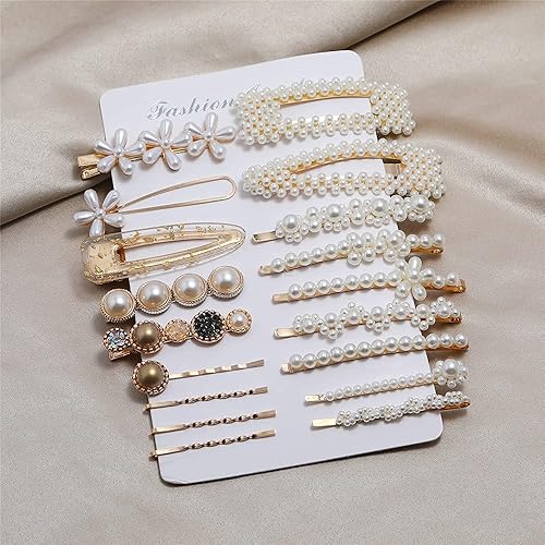 Miniatura 7 de Accesorios para el cabello para mujer, 18 piezas hechas a mano con pasadores de perlas de simulación, juego de clip geométrico de flores y