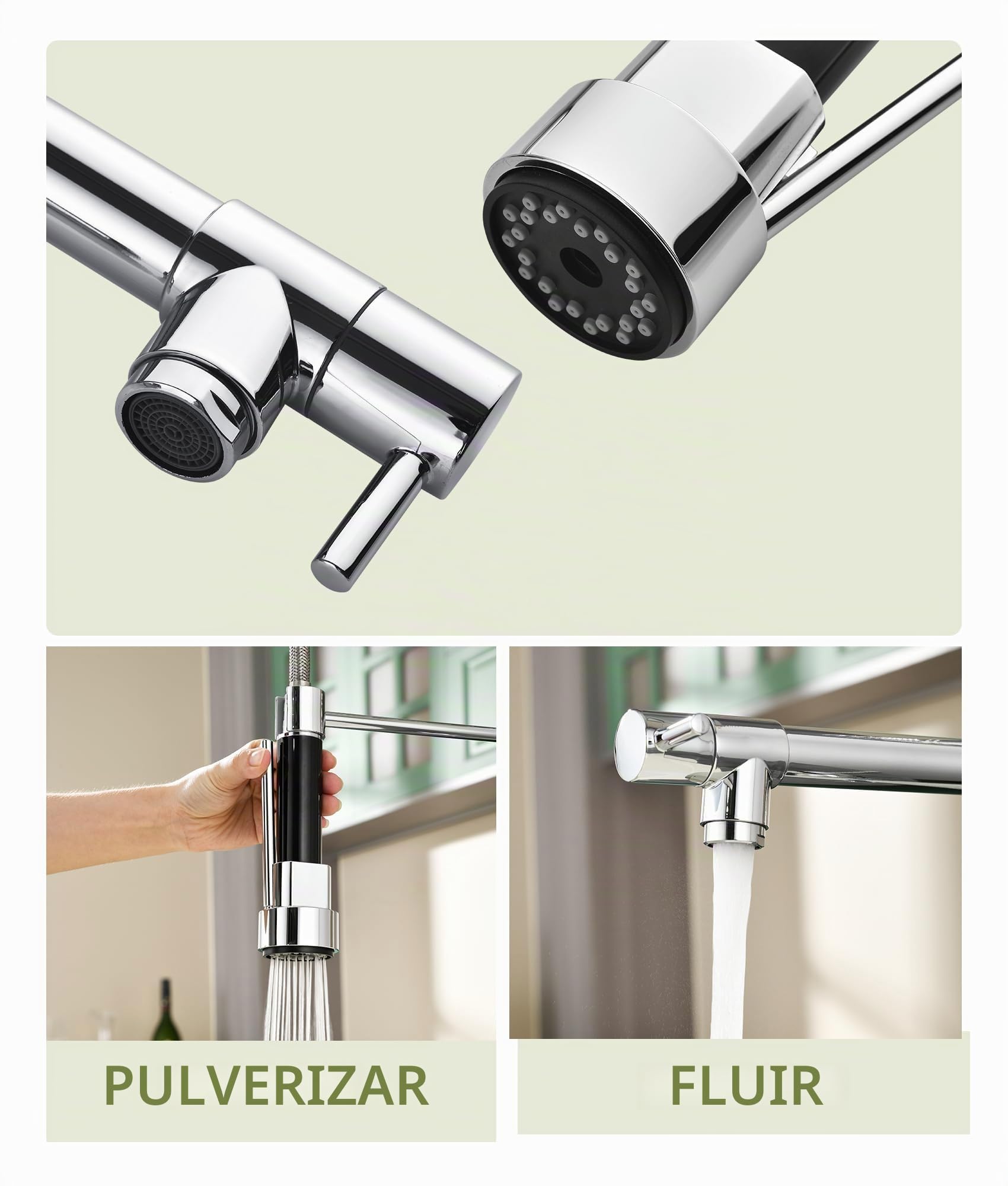 Grifo Cocina, grifo de cocina extraible con resorte, monomando mezclador de fregadero acero inoxidable, torneira cozinha con giratorio 360° (cromo+doble función)