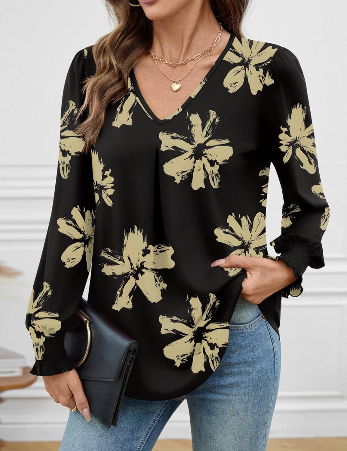 AKEWEI Women's Blouse V Neck Long Sleeve Tops 2026 Spring Loose Dressy Casual Shirts - Image 3