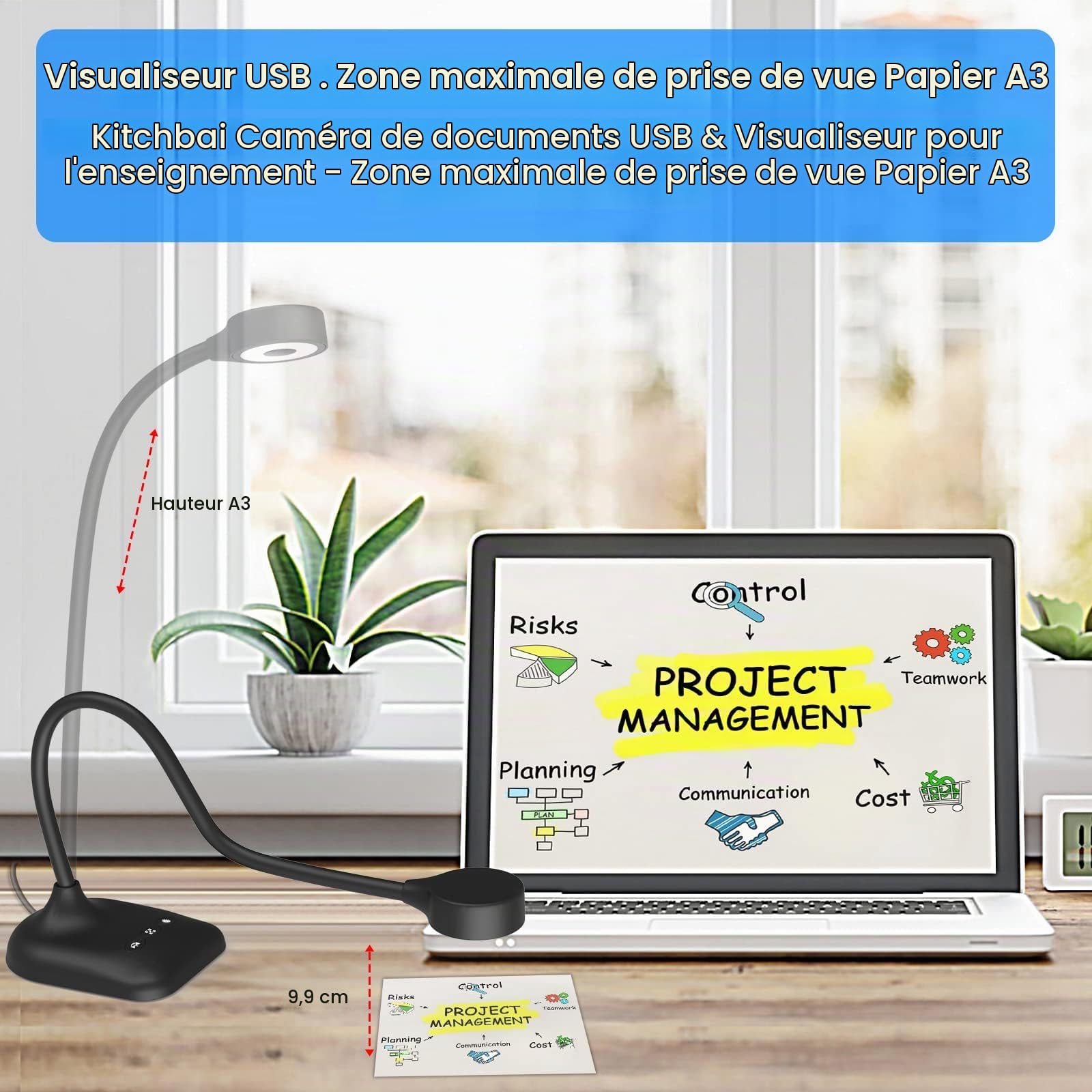 Visualiseur, Caméra Document pour Lumières LED à 3 Niveaux, iOS à 5 Niveaux, Inversion d'image, Pliage avec Zoom, Skype, Teams, OBS. pour l'enseignement à Distance, Démonstration en Direct