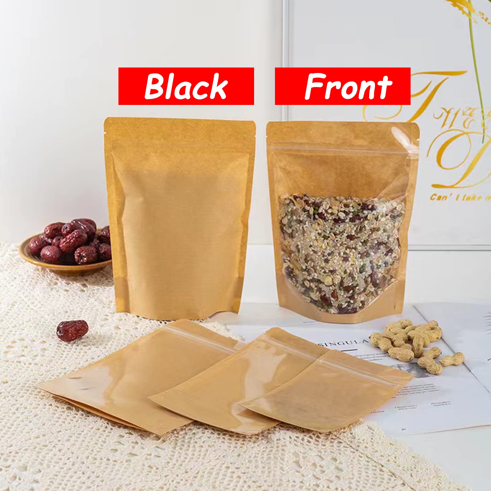 Lot de 100 pochettes en papier kraft avec fenêtre transparente, réutilisables et refermables pour aliments, grains de café, collations - 20,3 x 30,5 cm