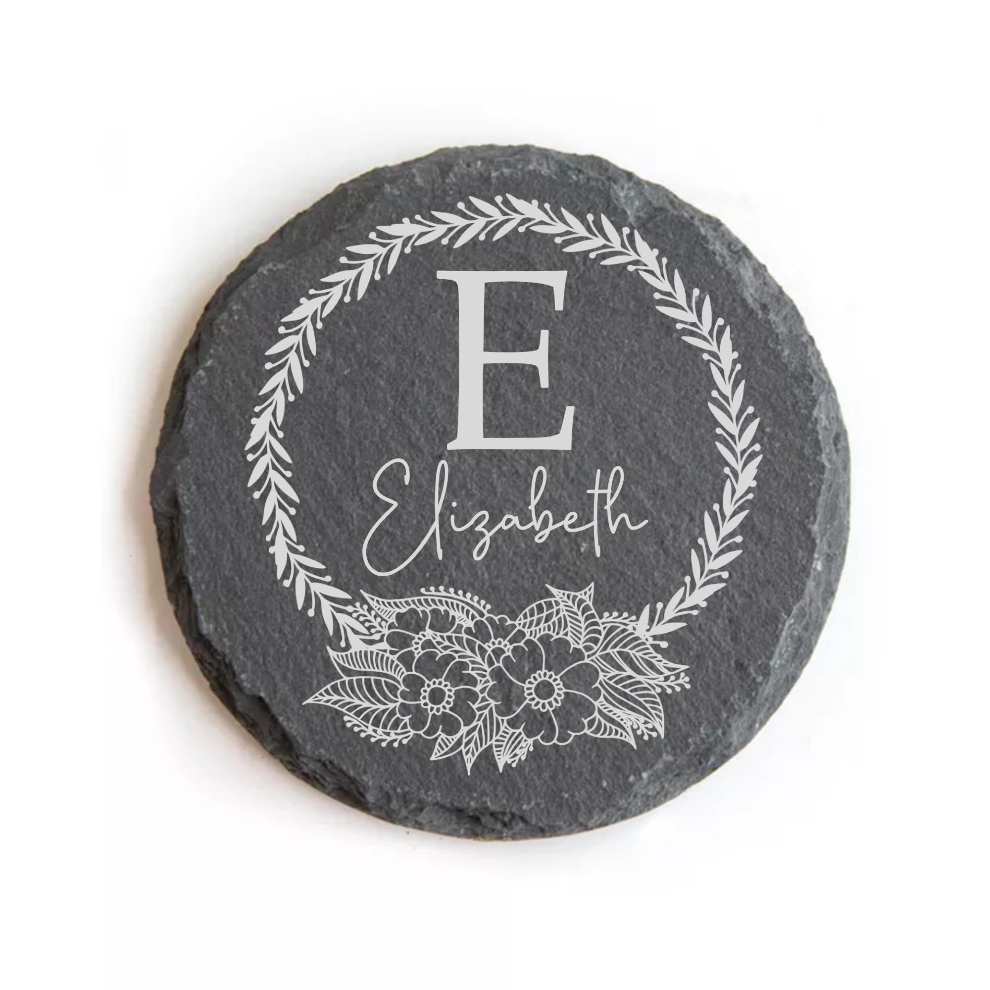 PB TECH Personalised Engraved Round Slate Coaster, Personalised Floral Coaster Stylish Initial with Name, Custom Gift for Valentine, Birthday, Christmas for Mom, Dad, Kids, Friends or Girl (Design 3)