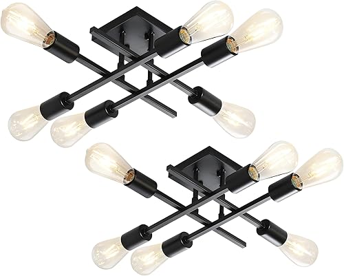 Lámpara de techo semiempotrada de 6 luces, paquete de 2 lámparas modernas de araña Sputnik color negro, lámpara de techo E26 para cocina,