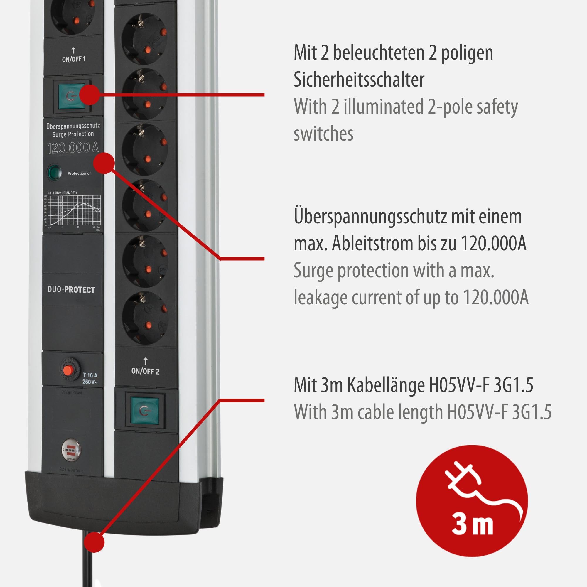 Brennenstuhl Premium-Protect-Line regleta enchufes con USB y 14 Tomas de Corriente, protección sobretensión (Cable de 3m, Interruptor, protección hasta 120.000A, Fabricado en Alemania)