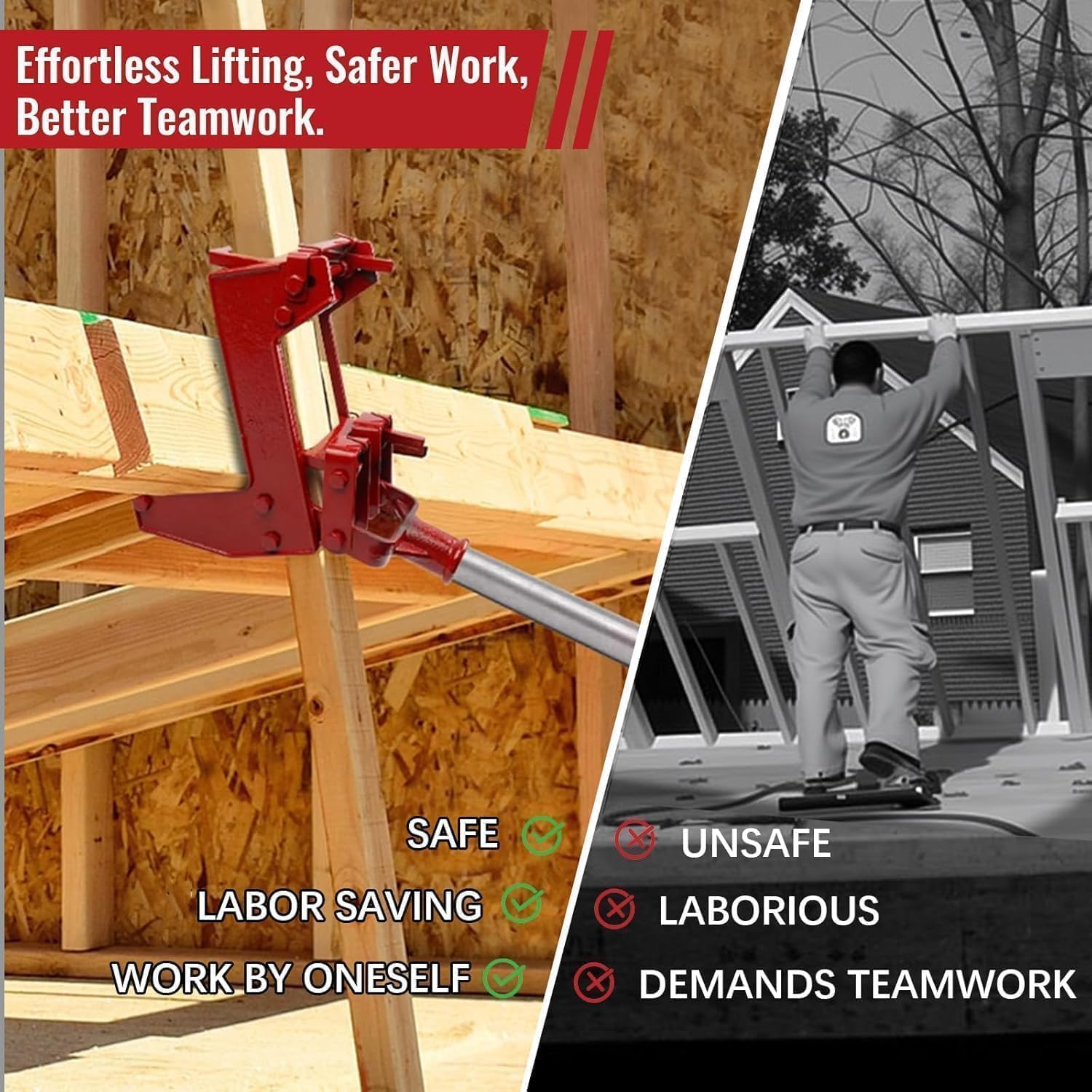 2 Pcs Wall Jack for Framing, 1,000 lbs Load Capacity, Portable Lifting Tool Works with 1-1/2" x 3-1/2" Fir Poles or 1" OD Steel Pipes, Heavy-Duty Wall Jacks for Framing, Lifting Wall Beams, Red