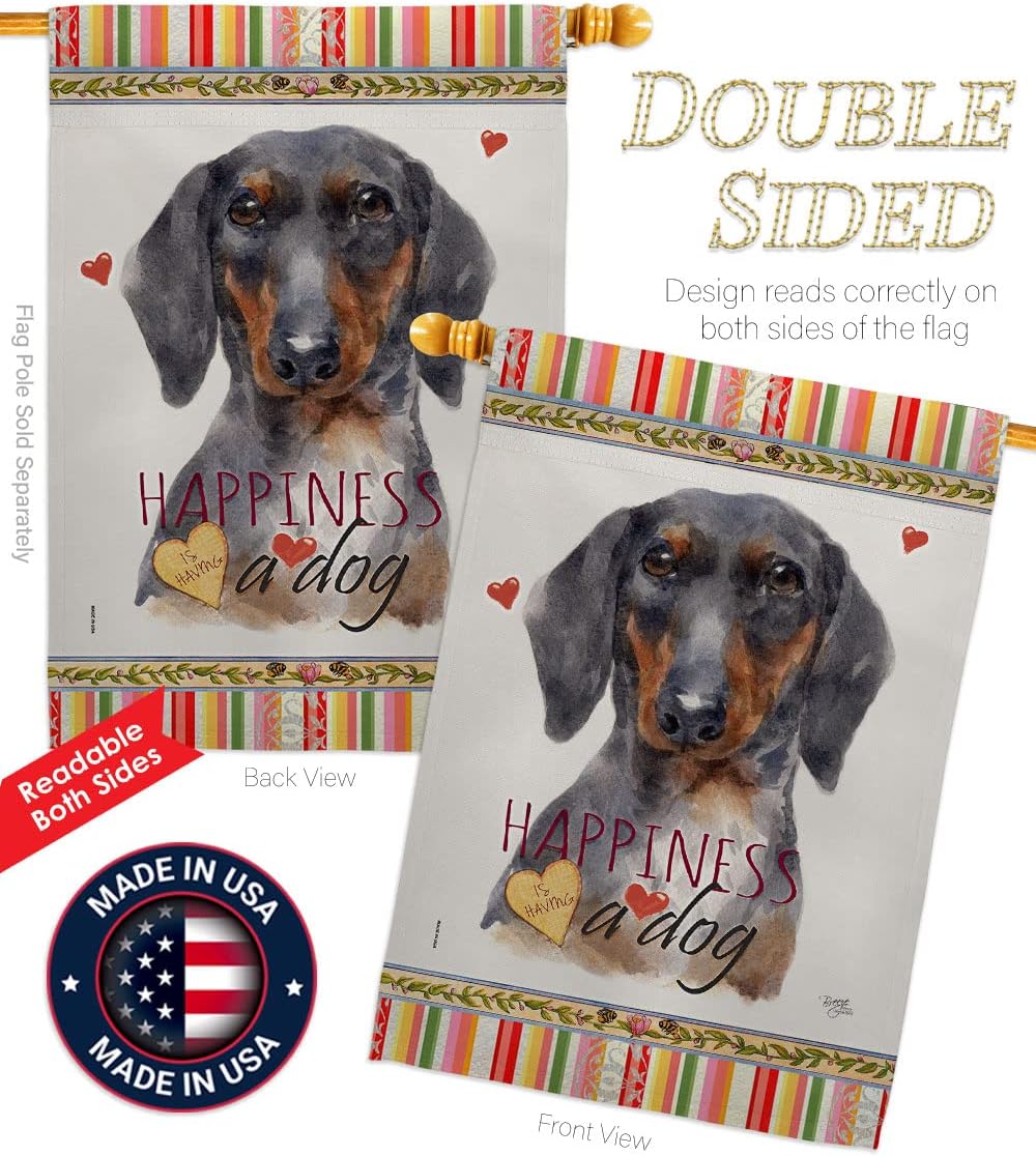 Breeze Decor Black Tan Dachshund Happiness House Flag Dowel Set Dog Puppy Spoiled Paw Canine Fur Pet Nature Farm Animal Creature Banner Small Garden Yard Gift Double-Sided, Made in USA