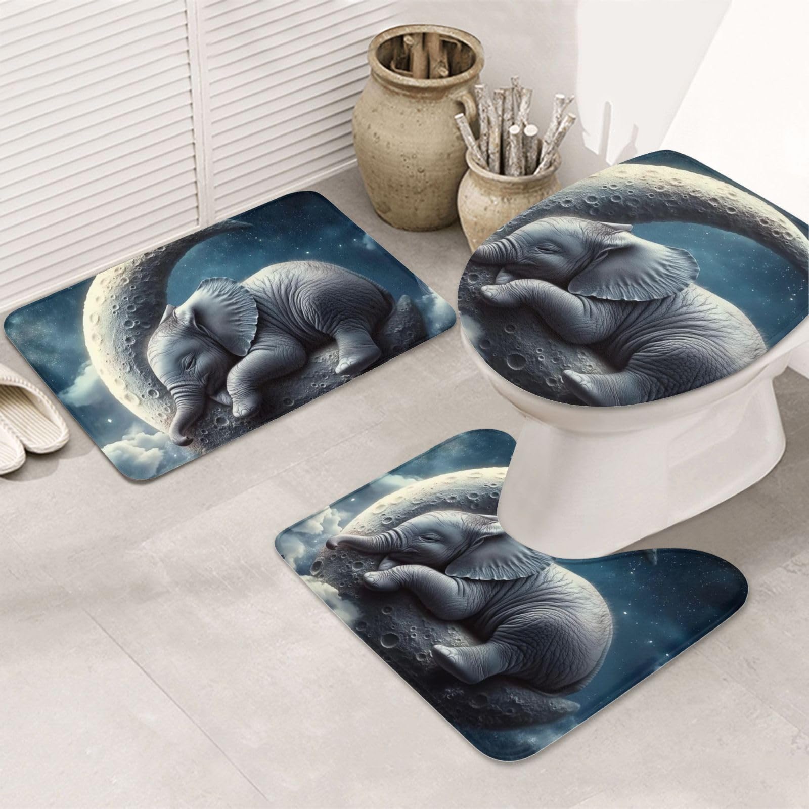Alfombra de baño de elefante con tapete de contorno y funda de inodoro lavable de 3 piezas
