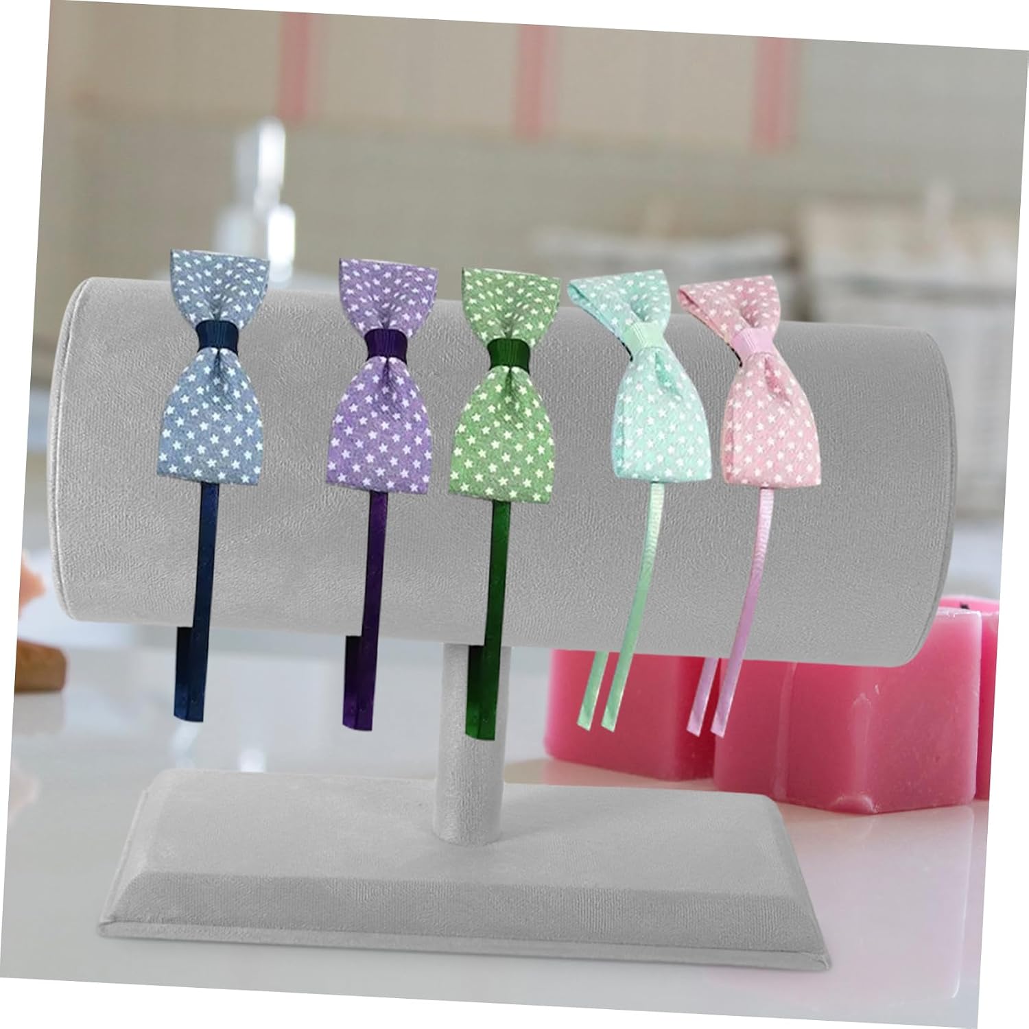 Headband Display Holder Hair Accessory Stand Dresser Organizer for Hair Ties and Bows Countertop Storage for Boutiques and Shops Grey Ice Floral Design