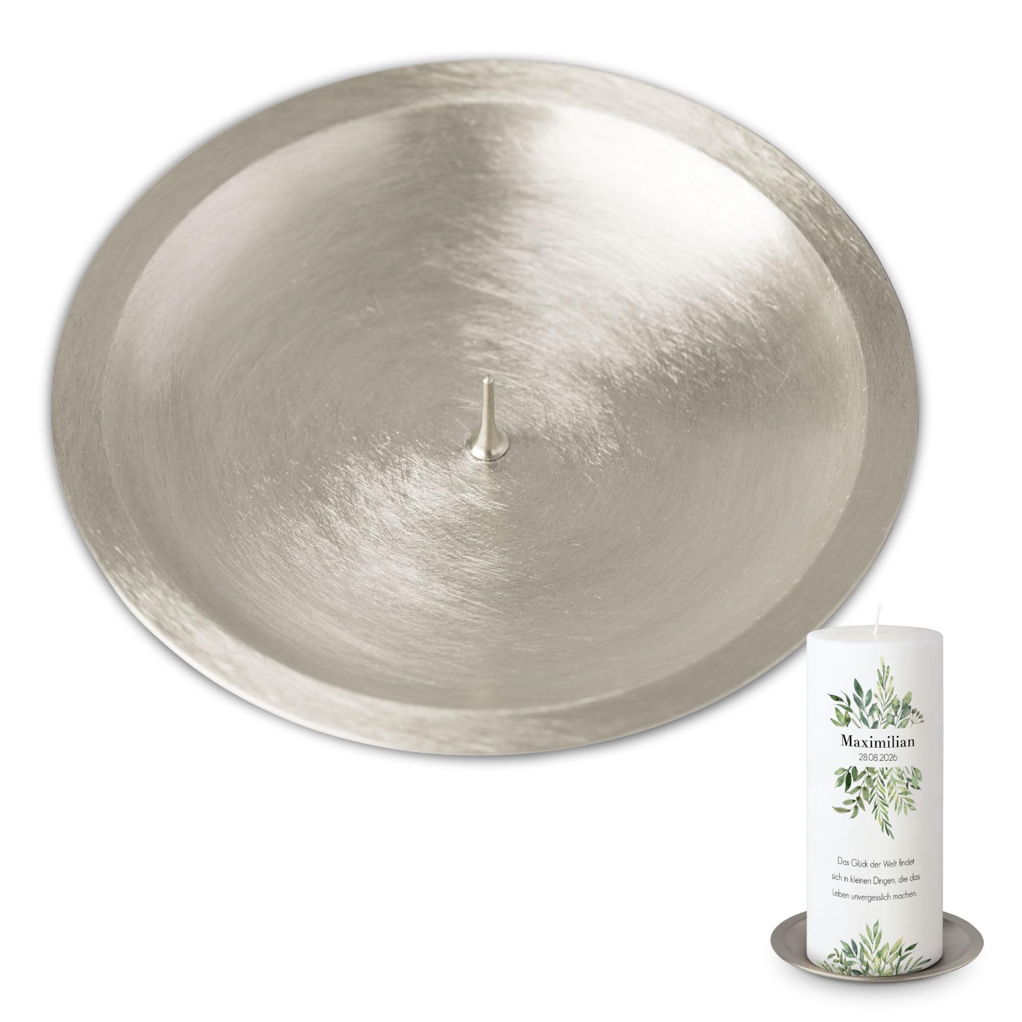 MOMENTU® Kerzenteller rund mit Dorn – Messing gebürstet Ø 10 cm [Silber, Handarbeit] – Kerzenständer, Kerzenuntersetzer, Kerzenschale Stumpenkerzen, Tauf-, Kommunion- und Konfirmationskerze