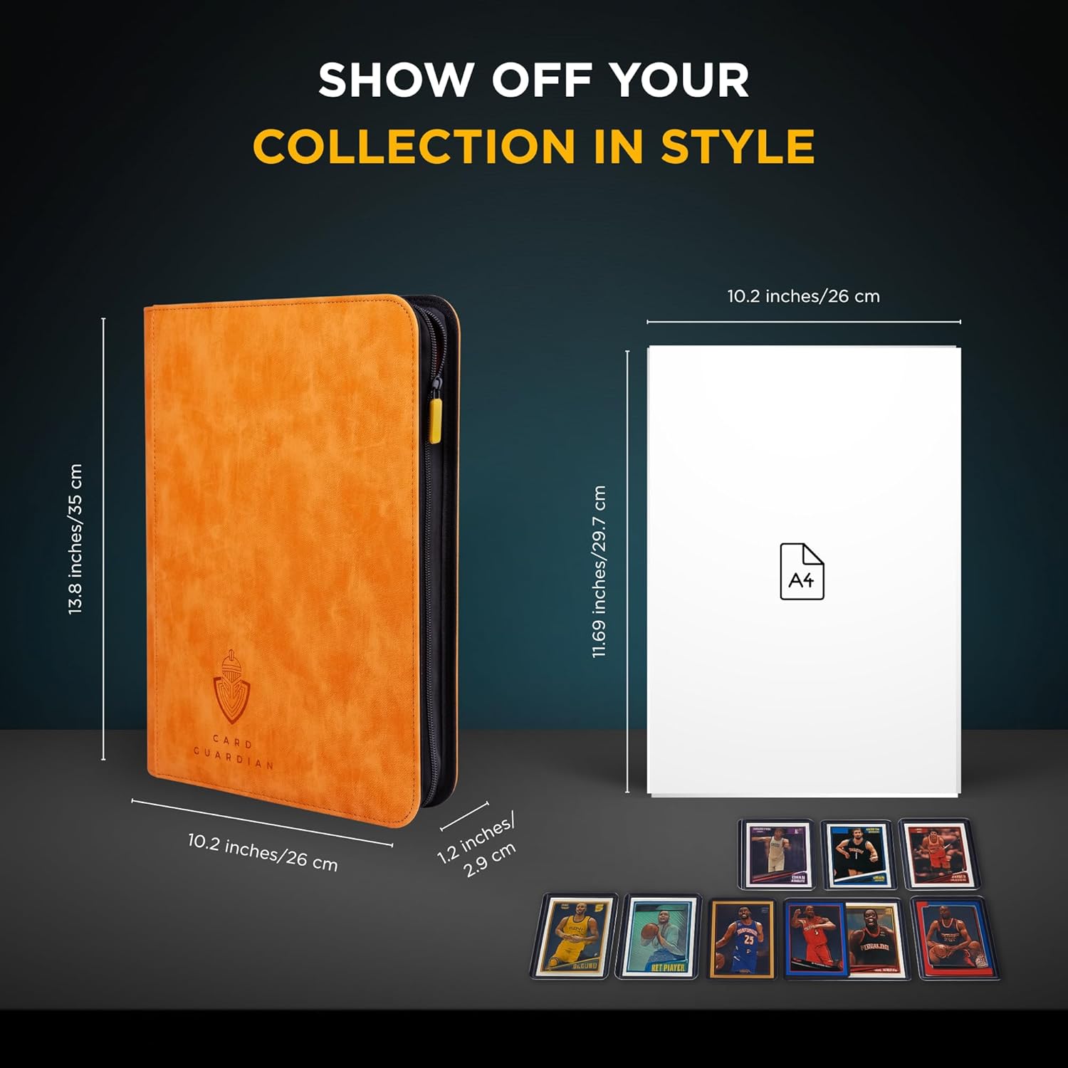 Card Guardian - 9 Pocket Premium Binder with Zipper for 504 Cards - Side Loading Pockets for Trading Card Games TCG (Orange)
