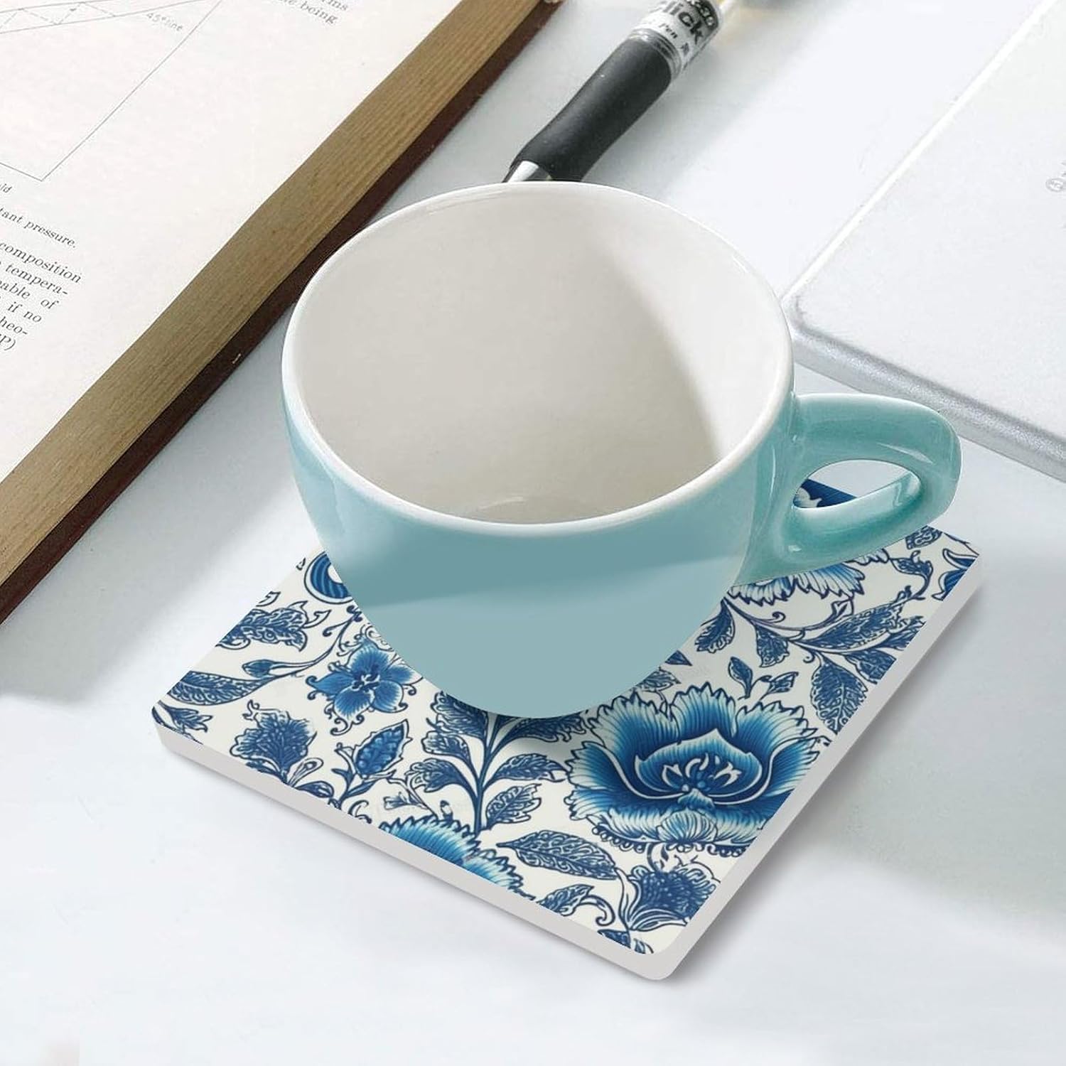 Floral Chinoiserie Ceramic Drink Coasters,Funny Cork Base Coasters Ceramic Coffee Table Cork Coaster Set,Housewarming and Kitchen Gift, 6PCS