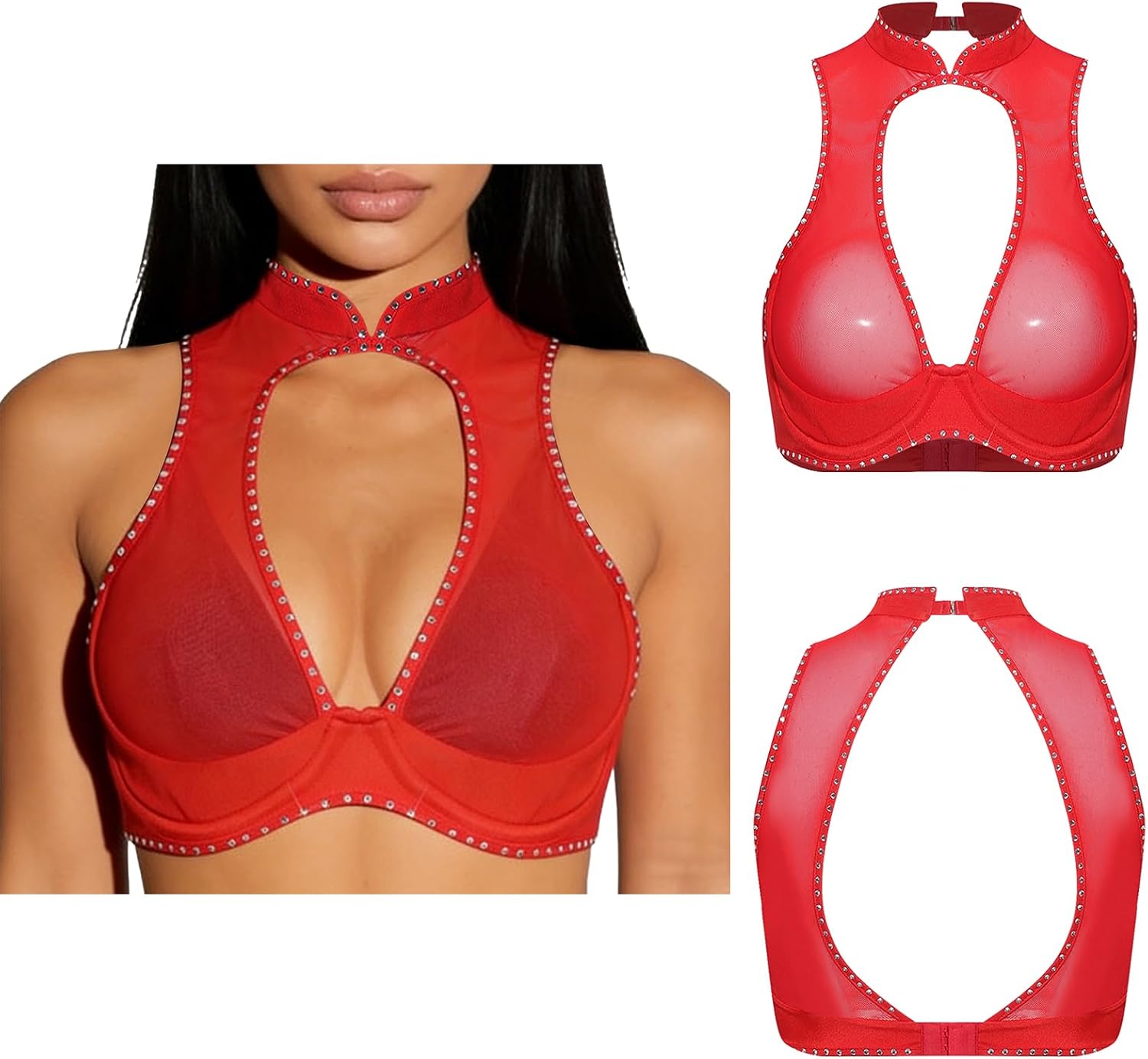 Yhong Women Sheer Tops Shiny Rhinestones Unlined Bra Underwire Mesh Top Non Padded Mock Neck Bralette