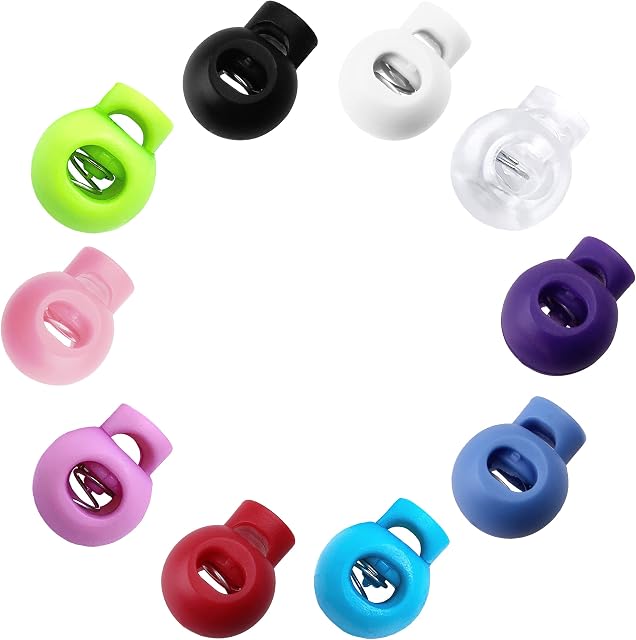 INHEMING 100 Pcs Plastic Spring Cord Locks Single Hole Cord Lock Stopper End Round Toggle Stoppers for Camping, Hiking, Shoelace Replacement, Sports, Backpacks(Multicolor)