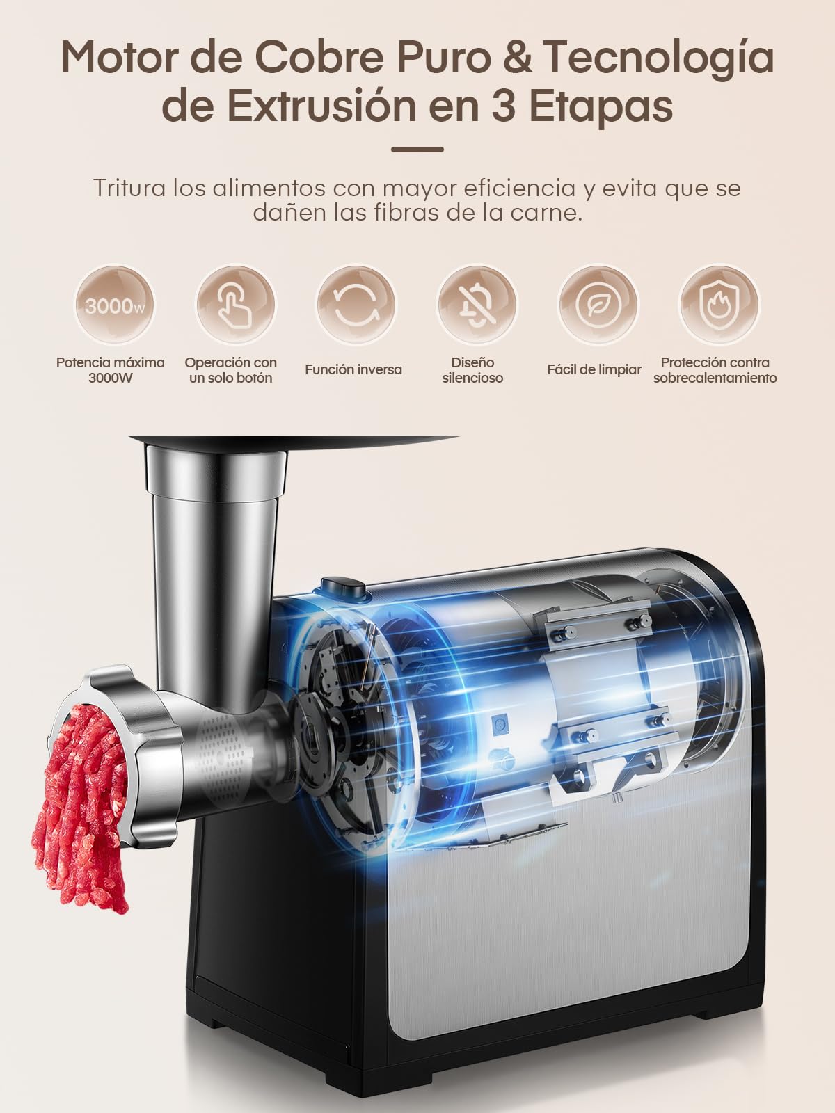 3 en 1 Picadora de Carne Eléctrica, con 3 Placa de Corte de acero inoxidable, 1 Kubbe y 3 Tubos de Relleno de Salchichas, 2000W máx