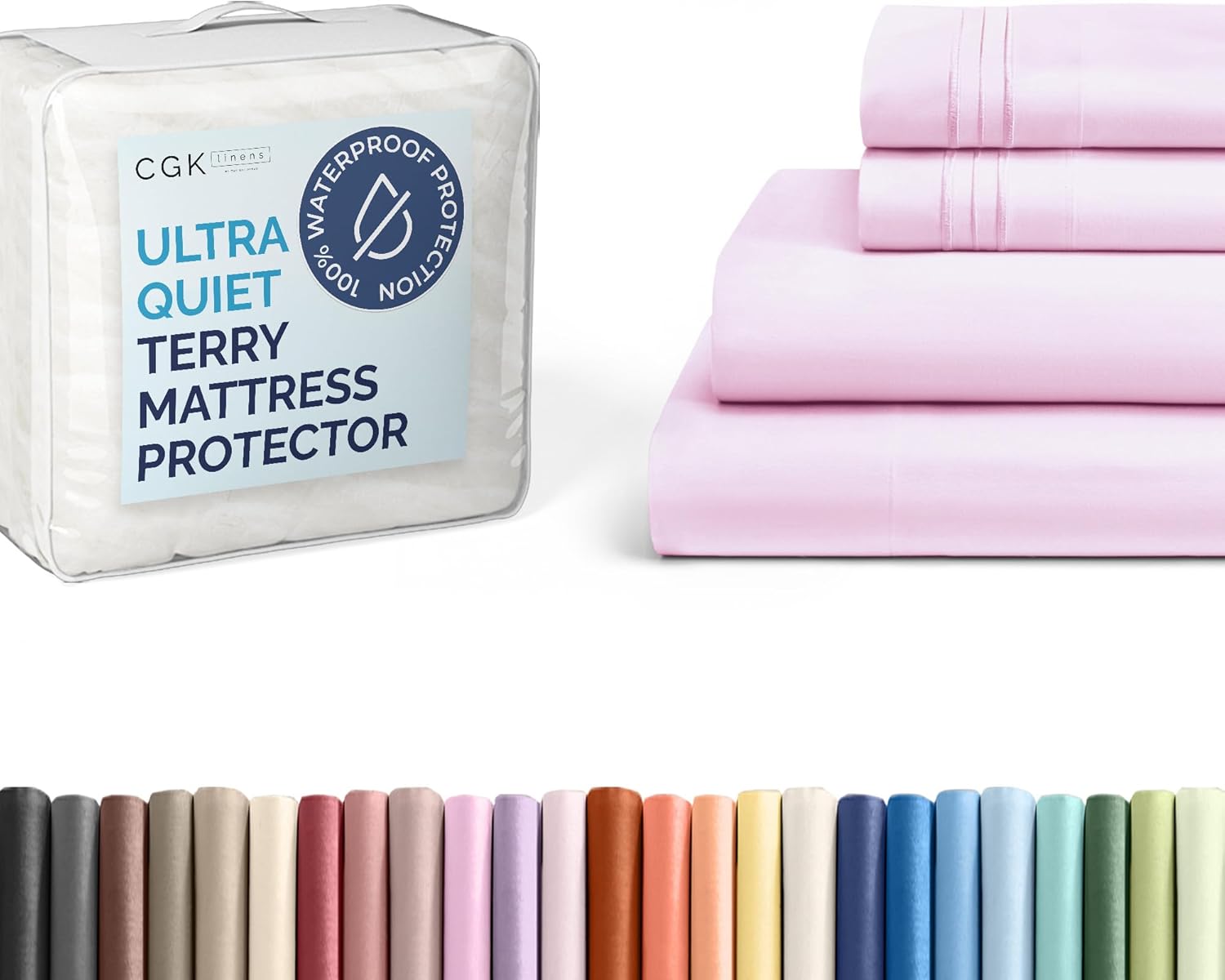 Cal King Size 4 Piece Light Pink Sheet Set + Cal King Size Terry Mattress Protector