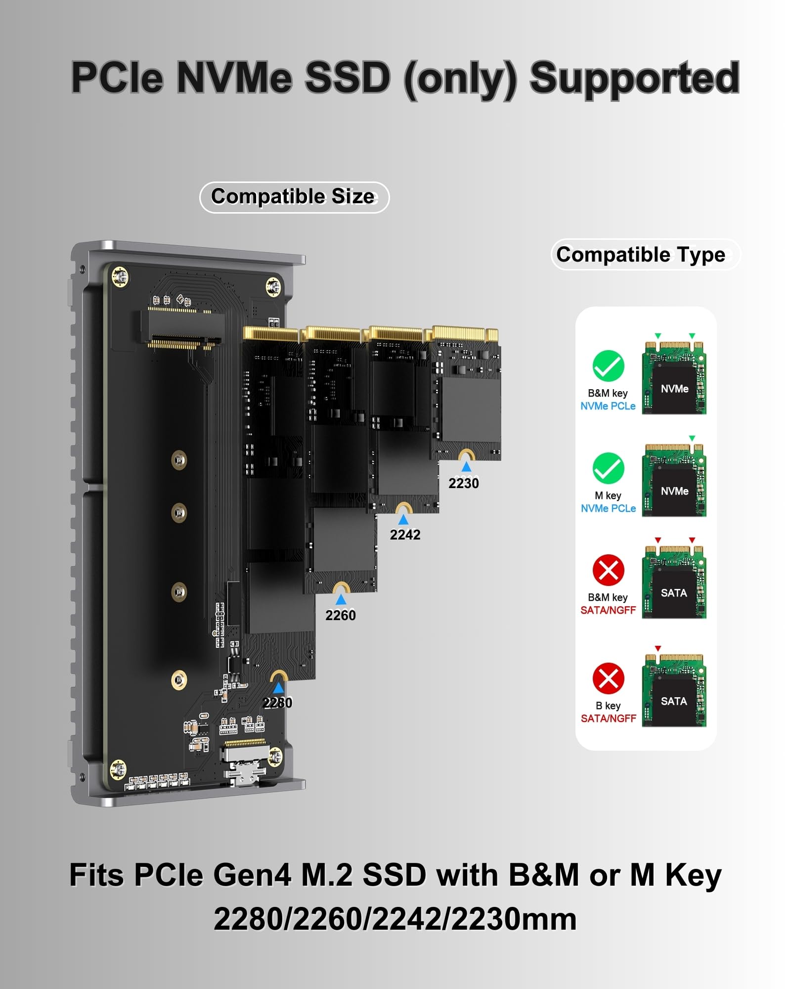 Cicha obudowa 40 Gb/s M.2 NVMe, aluminiowa obudowa zewnętrzna SSD USB C, kompatybilna z adapterem SSD Thunderbolt4/3 8 TB, czytnik PCIe Gen4 M.2 SSD, pasuje do 2280/2260/2242/2230 mm
