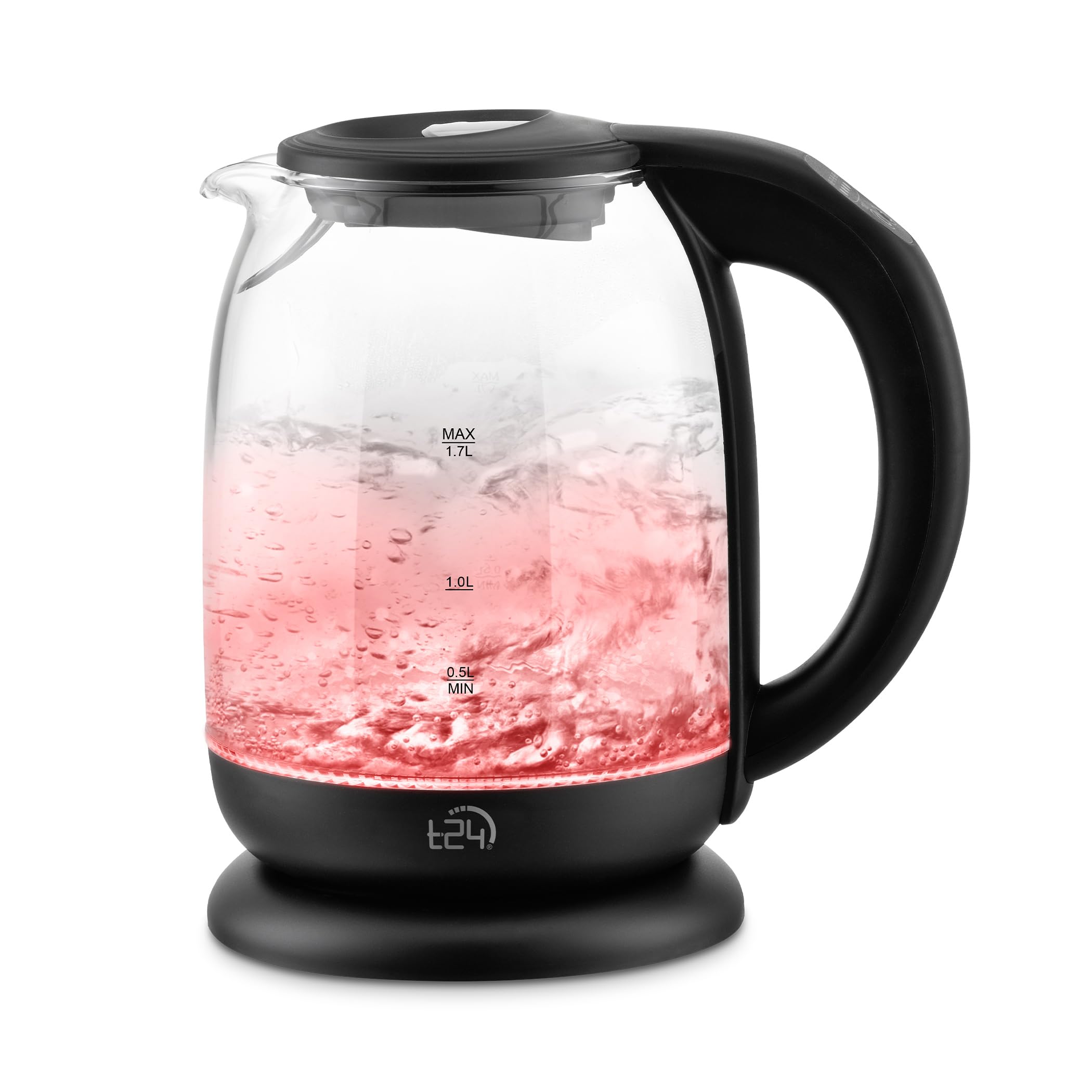 T24 Wasserkocher Glas 1,7 L mit Temperatureinstellung 60-100 °C, 2.200W Schwarz mit LED Beleuchtung