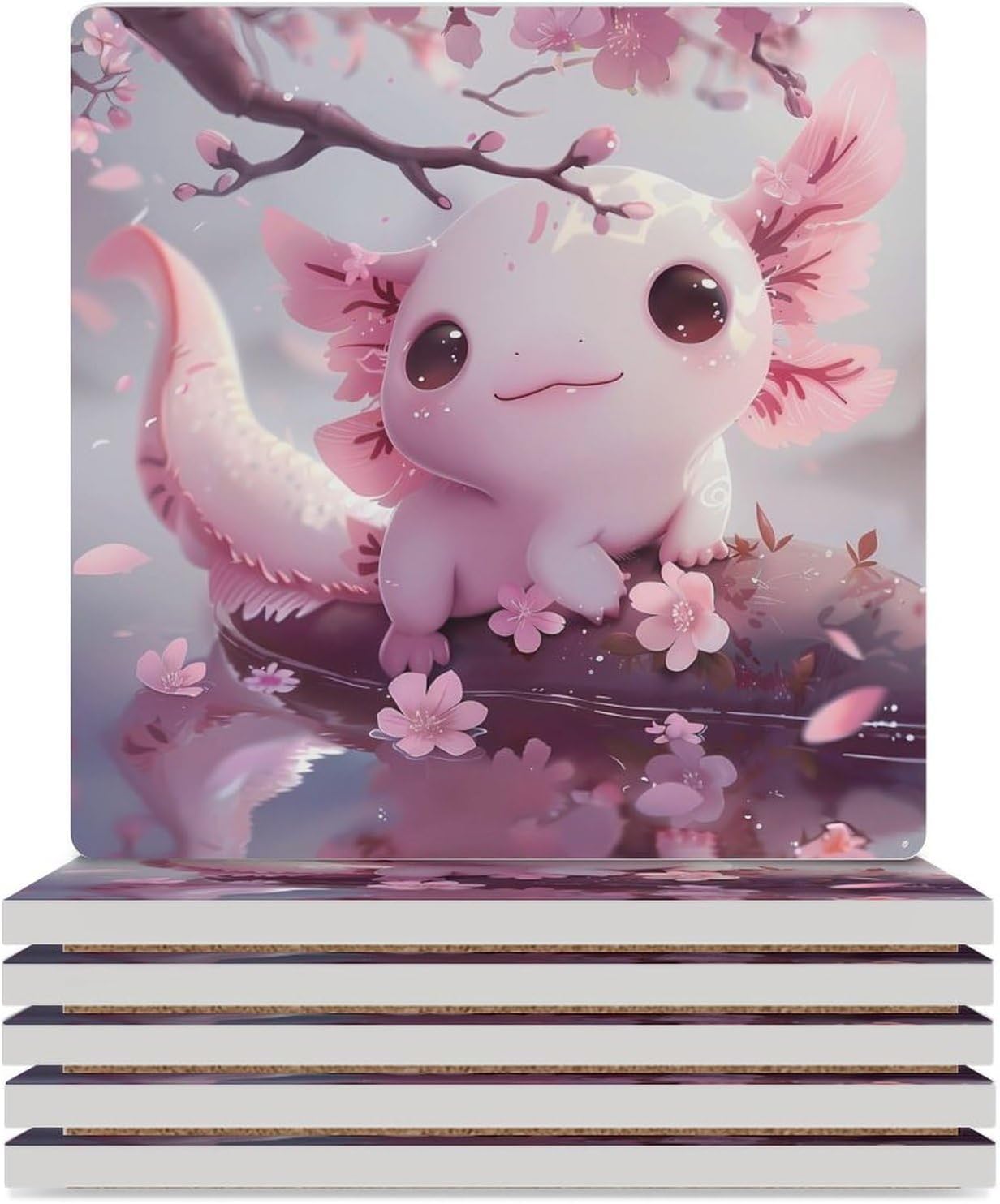 Cherry Flowers Axolotl Coasters for Drinks Square Table Coasters Set Cup Mats with Cork Base