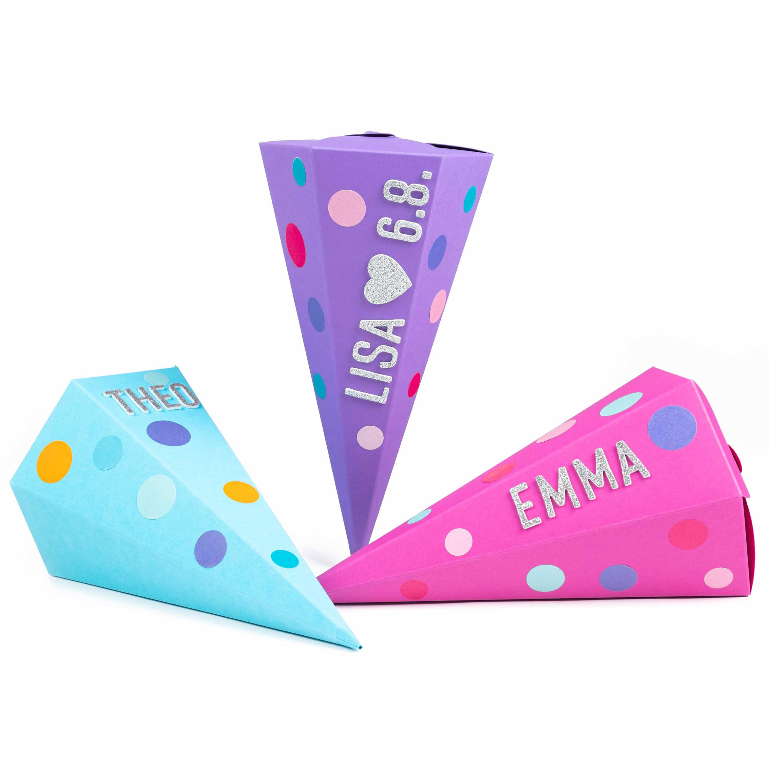 Papierdrachen School Cone Set, 3 Sibling Cones, Turquoise, Purple & Pink, 24.5 cm, Includes 3 Bags