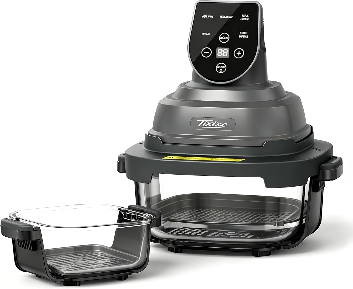 5-in-1 Glass Air Fryer for Zero-Oil Healthy Cooking, Space-Saving 1500W Countertop Cooker with 4QT 6-Cup Glass Bowl, Non-ToxicSafe & Dishwasher Friendly for Small & Large Family Meals