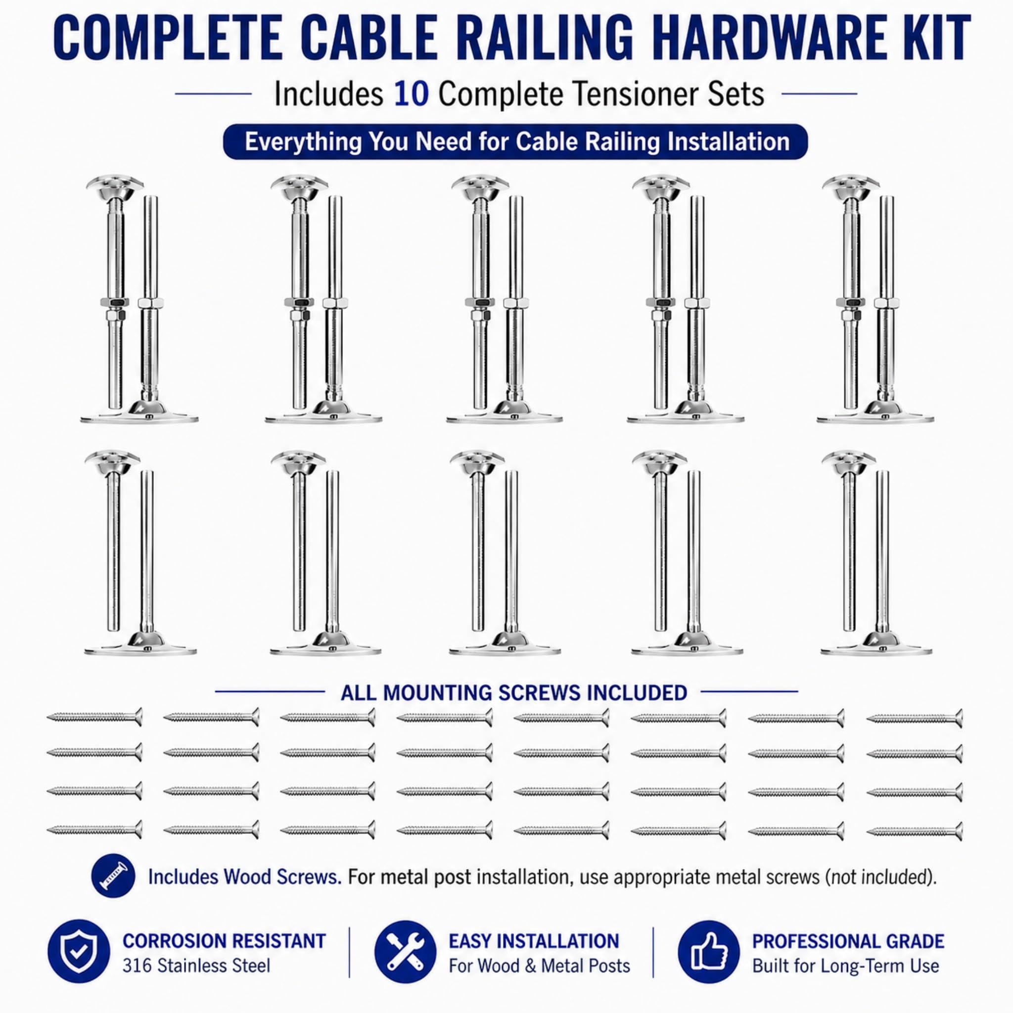 MR.RAIL MR-08 - Kit hardware per ringhiere per cavi in acciaio inossidabile 316L, 10 paia da 1/8", per pali in legno, tendicavo per ringhiere per ponte, scale e balconi, base di montaggio superficiale