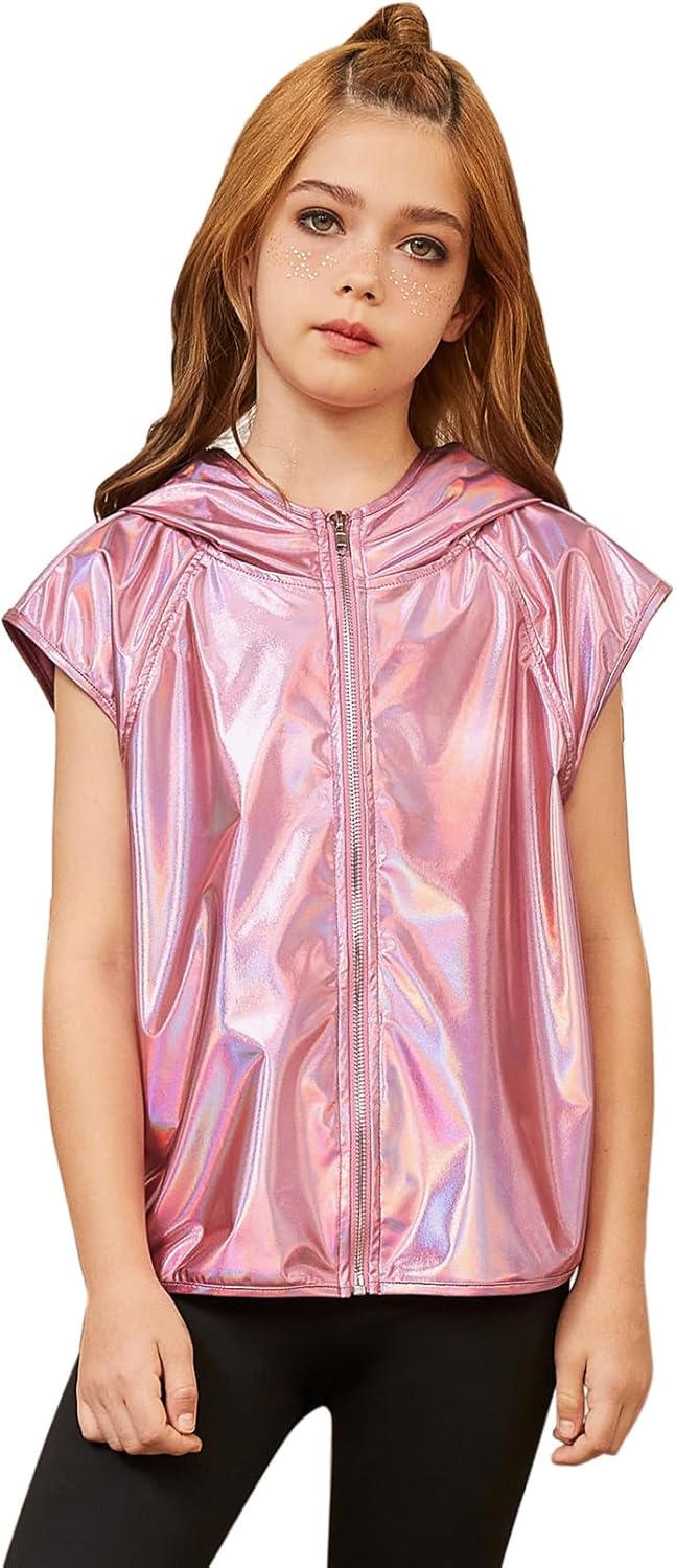 Jxstar Girls Metallic Hoodie Vest Kids Shiny Zip Up Outfit Sleeveless Disco Shirt with Pocket
