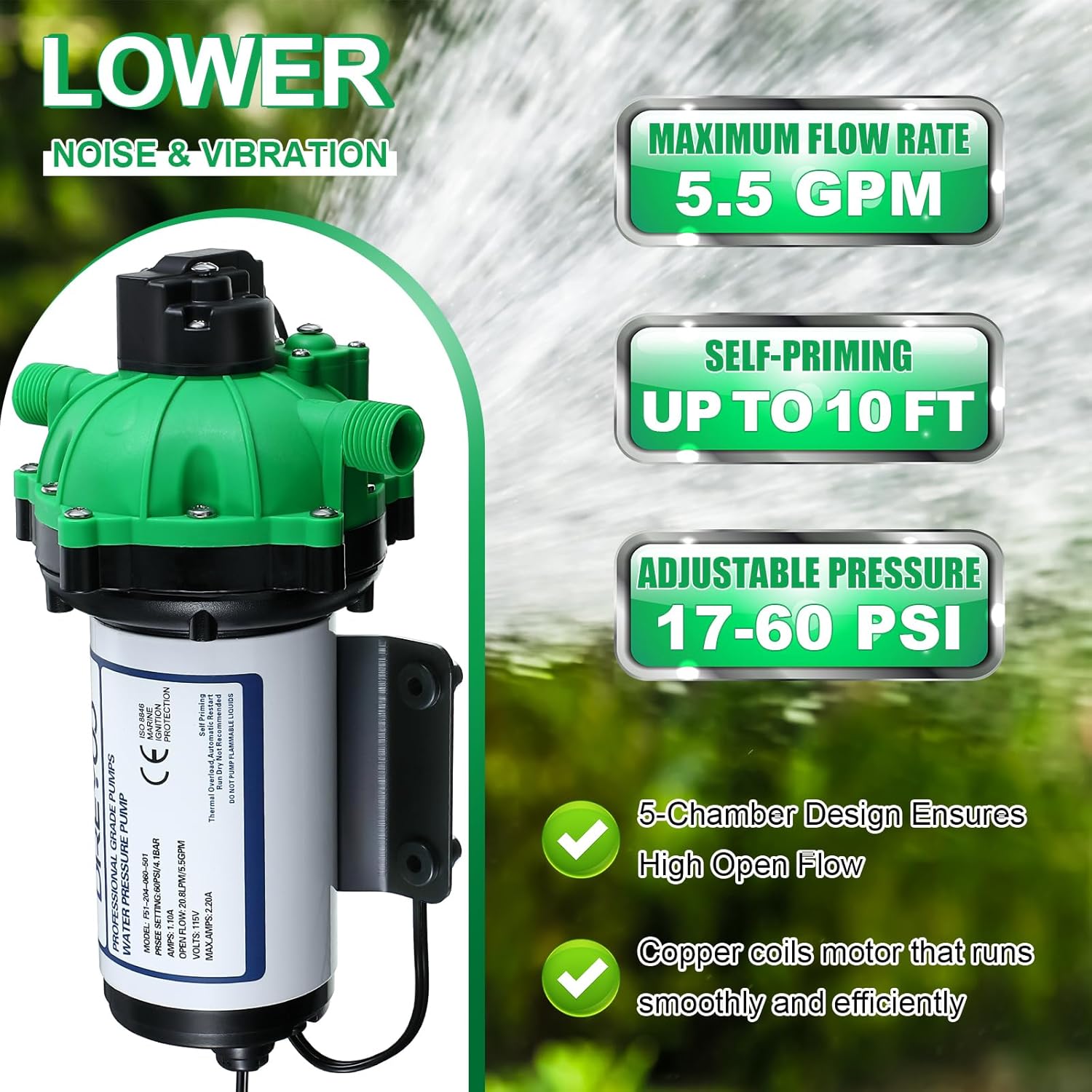 Dreyoo Water Diaphragm Pump, 115V AC, 5.5 GPM, 60 PSI Rated Pressure, 1/2 Threaded MNPT Self Priming Diaphragm Pressure Pump with Pressure Switch for Home, RV, Garden Agricultural Irrigation (Green)