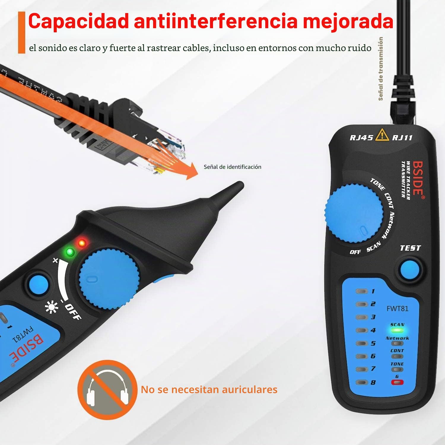 Bside - Rastreador de cables FWT81 RJ45 RJ11 probador línea telefónica LAN TV búsqueda línea eléctrica continuidad cable de red, con linterna