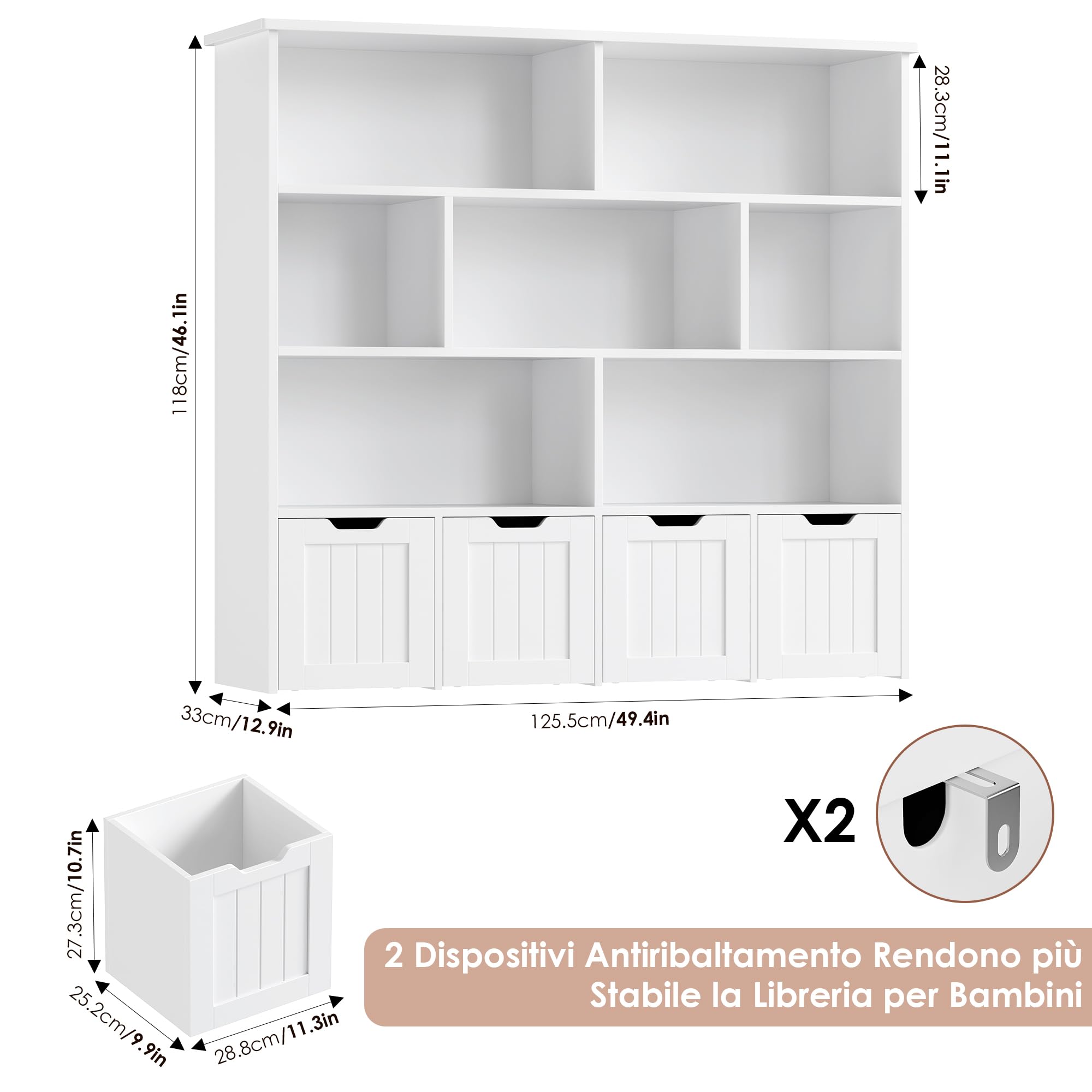 FOREHILL Libreria Bambini, Libreria Montessoriana per Bambini con Ruote, Scaffale per Giocattoli Con 4 Cassetti, 7 Scomparti Aperti, per Cameretta e Stanza dei Giochi, 125.5x33x118cm, Bianco