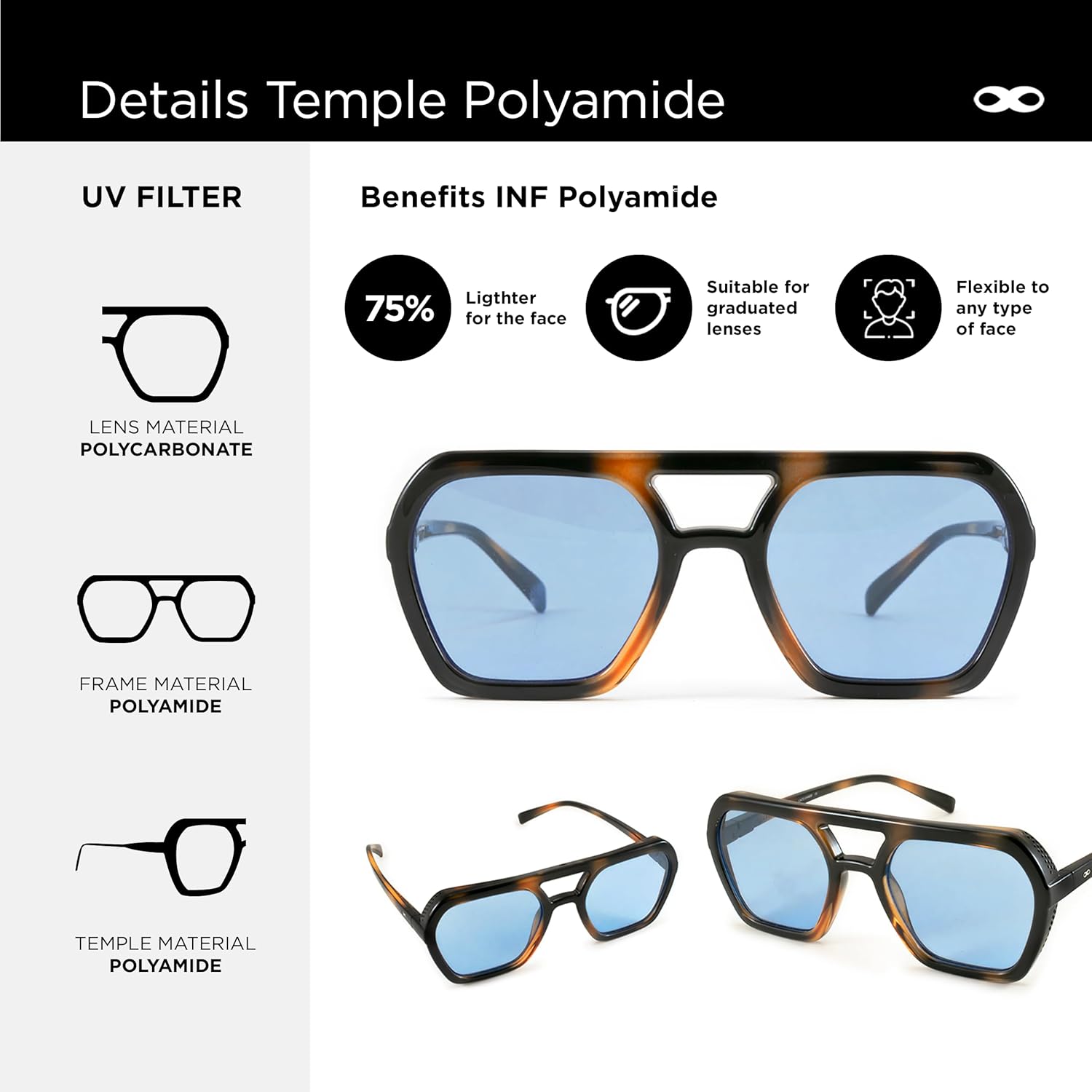 INFINIT Lyon Unisex Fashion Sunglasses Lightweight Polyamide Frame 100% UV Protection Gradient - Image 3