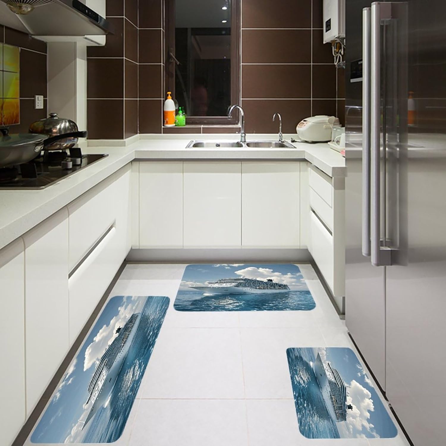 Cruise Ships Kitchen Rugs Sets of 3 Washable Non Slip Kitchen Rug Water Resistant Carpet Piece Anti Fatigue Kitchen Mats Soft Comfort Standing Mat Modern Area Rug