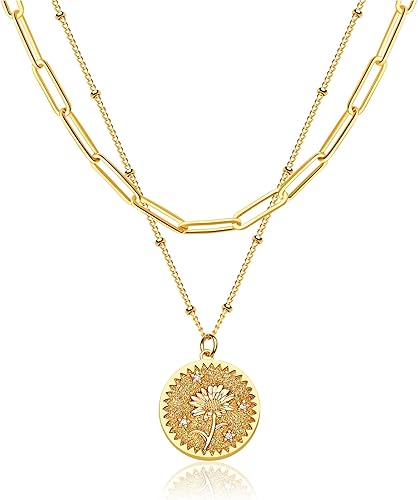 Collar de Flor de Nacimiento en Capas para Mujeres Chapado en Oro de 18K Doble Capa Grabado Personalizado Colgante Floral Delicado Collares de Disco