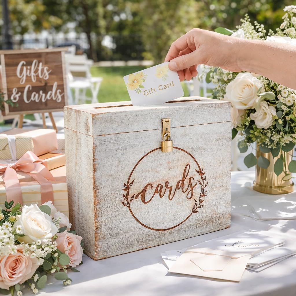 Wedding Card Box with Card Slit and Lock 12"X10"X4.5"- Gift Wishing Well Card Box for Weddings, Receptions, Birthdays, Graduations, Baby Showers, Honeymoon Funds WBKH (White)