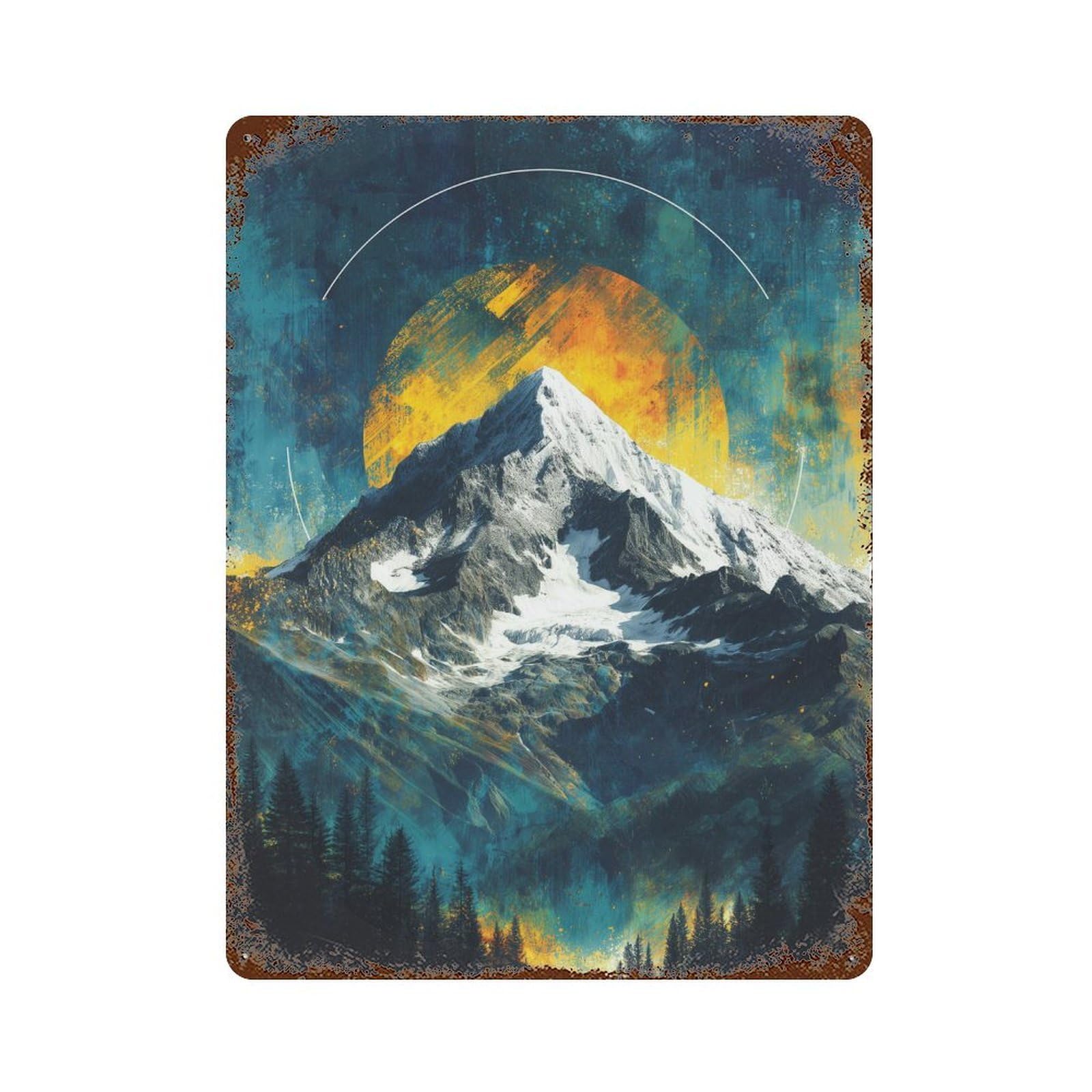 Mountain Majesty with Celestial Glow Rust Effect Tin Sign 15.7"x11.8", Industrial Home Decor for Garage, Pub Or Kitchen