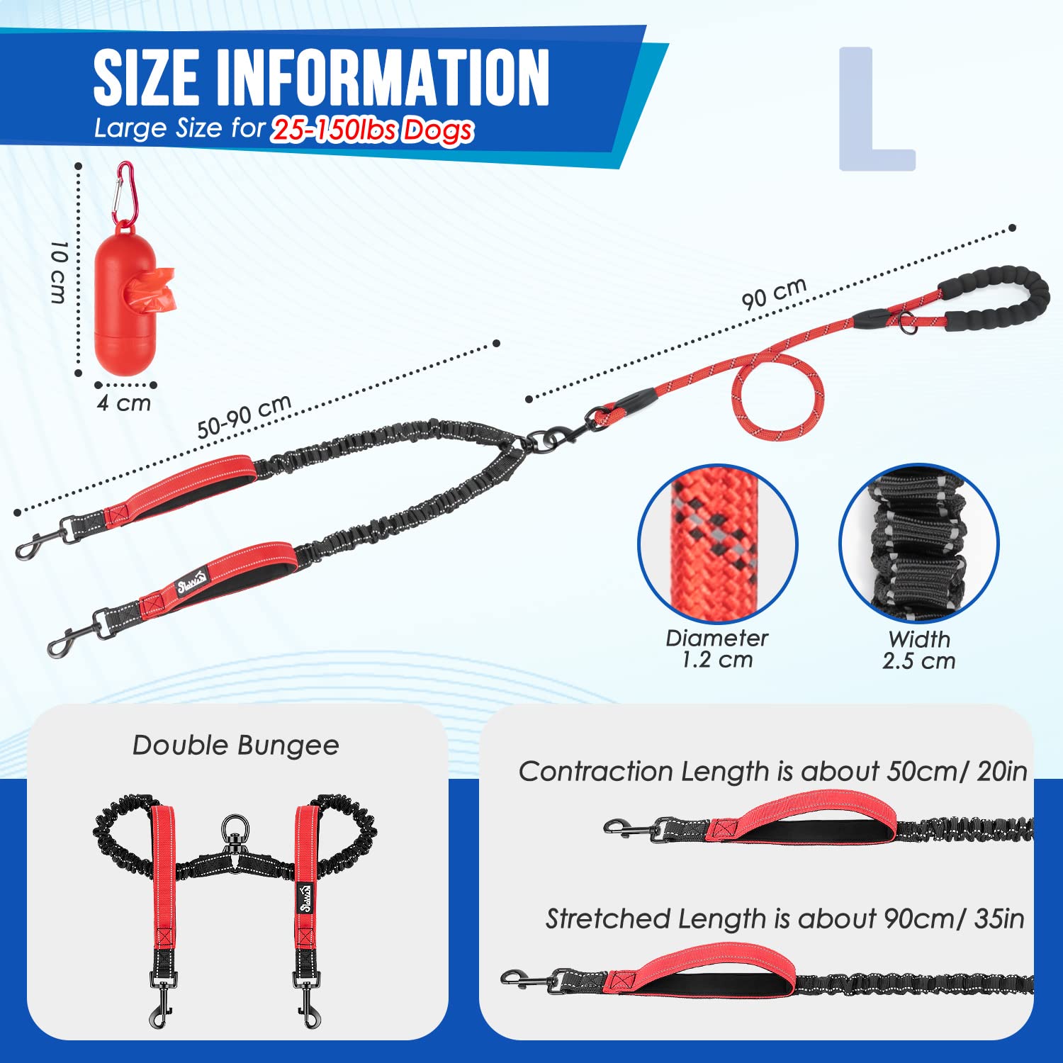SlowTon Podwójna smycz dla 2 psów, smycz obrotowa 360°, odblaskowa smycz z dwoma wyściełanymi uchwytami, wygodna smycz amortyzująca do spacerów, smycz dla dużych psów (11-68 KG)