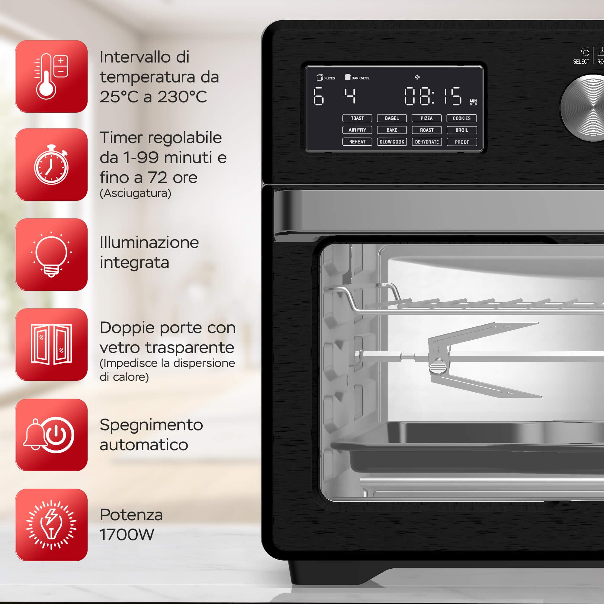TurboTronic Forno ad Aria Calda XXL 32L con Girarrosto | 5 in 1 Mini Forno, Friggitrice ad Aria, Essiccatore, Grill e Forno Ventilato | 1700W | Ideale per Pollo, Pizza e Snack | Temperatura da 25°C