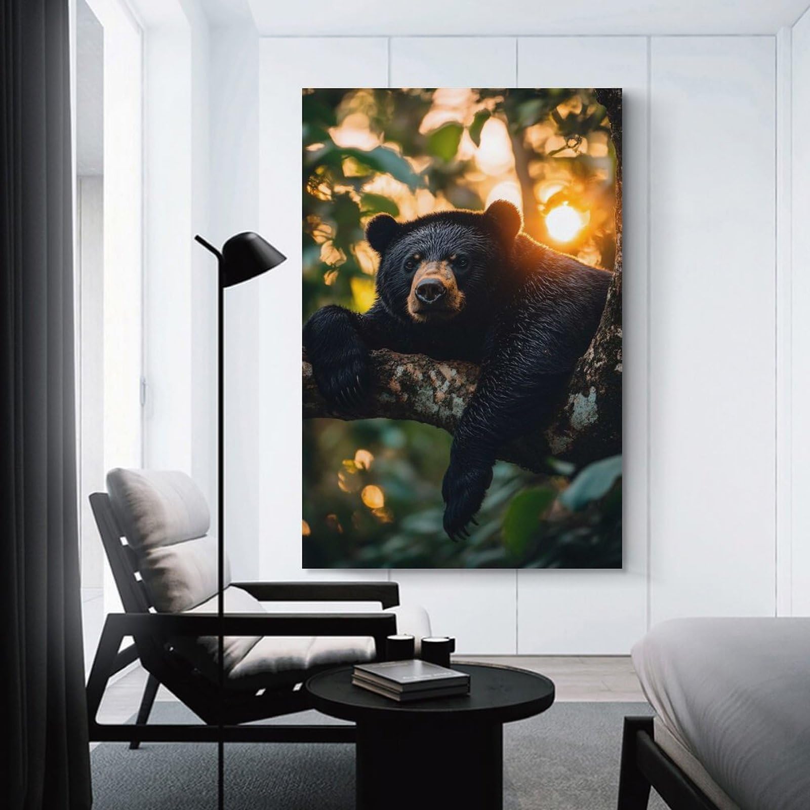 Junmoney Black Bear Relaxing in Tree Canvas Wall Picture 16x24inch(40x60cm), for Living Spaces, Bedrooms Or Relaxed Rooms, Modern Wall Decor for Cosy Interiors