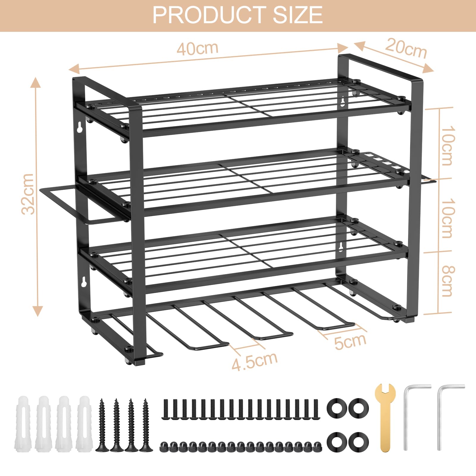 4 Livelli Organizer per Utensili Elettrici, Portautensili da Parete, Supporto da Parete, Supporto per Trapano, Organizzatore per Cacciavite Laterale, Organizer per Attrezzi
