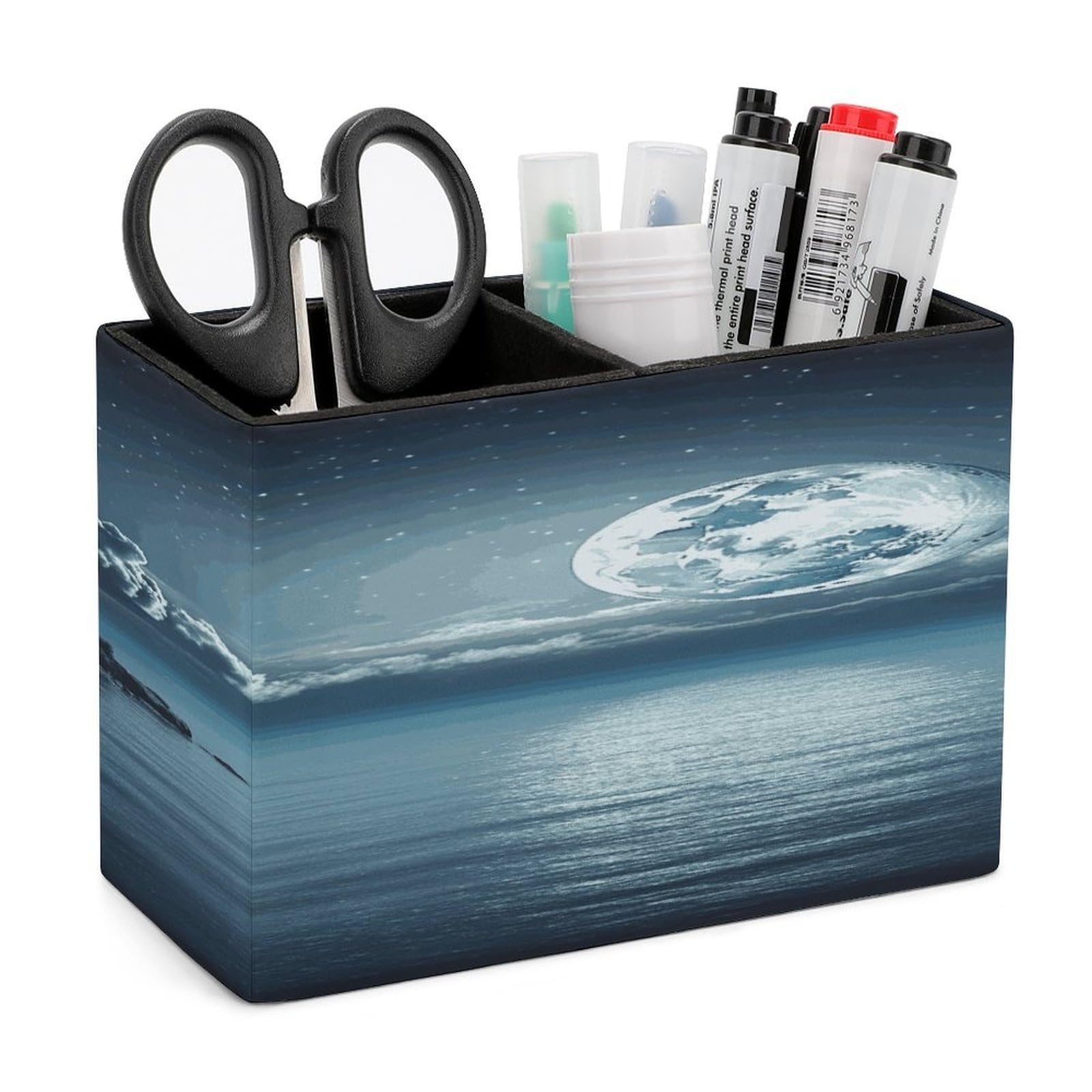 LDGSUPH Moon Ocean Landscape Leather Pen Holder for Desk Organizer Caddy Large Pencil Cup Multi-function Pencil Holder Makeup Brush Holders Pen Organizer for Home Office Storage Box