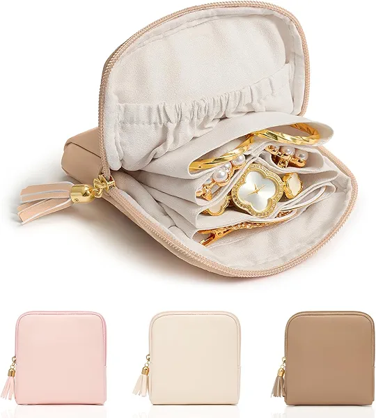 WOOMADA Velvet Travel Jewelry Organizer Case – Compact Jewelry Storage Bag With Zipper For Rings, Bracelets, Earrings – Perfect Travel Gift For Women（Brown）