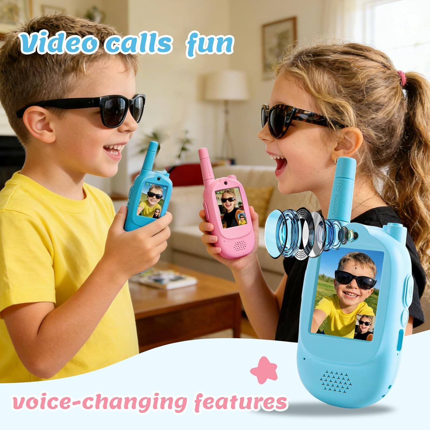walkie talkies for Kids 2 Pack Rechargeable Mini Walkie Talkies for Kids 1600 ft Long Range Real-Time Video Chat Voice Changer Watch Strap Design, Boys & Girls 3-12, Blue & Pink