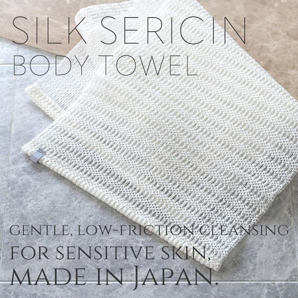 aisen Japan – Japanese Silk Sericin Body Towel, Made in Japan Exfoliating Washcloth for Sensitive Skin, Gentle Cleansing Nylon Bath Towel, Moisturizing Sericin Protein, Soft Body Scrubber