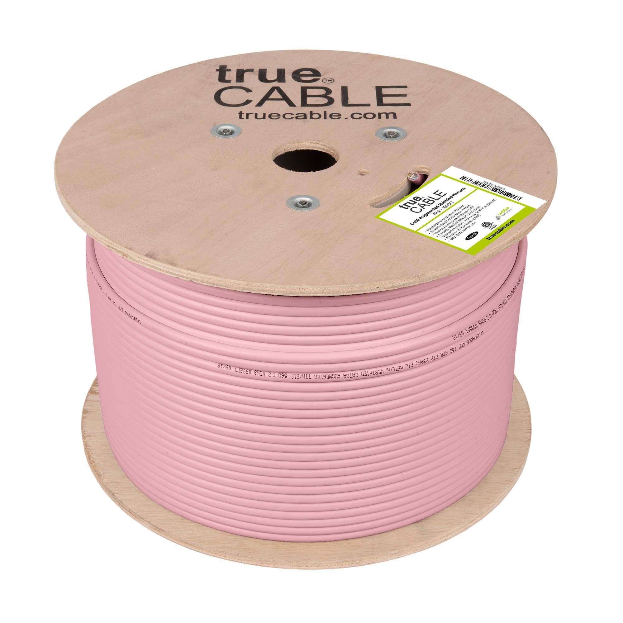 trueCABLE Cat6A Shielded Plenum (CMP), 1000ft, Pink, 23AWG Solid Bare Copper, 750MHz, PoE++ (4PPoE), ETL Listed, Overall Aluminum Foil Shield (F/UTP), Bulk Ethernet Cable