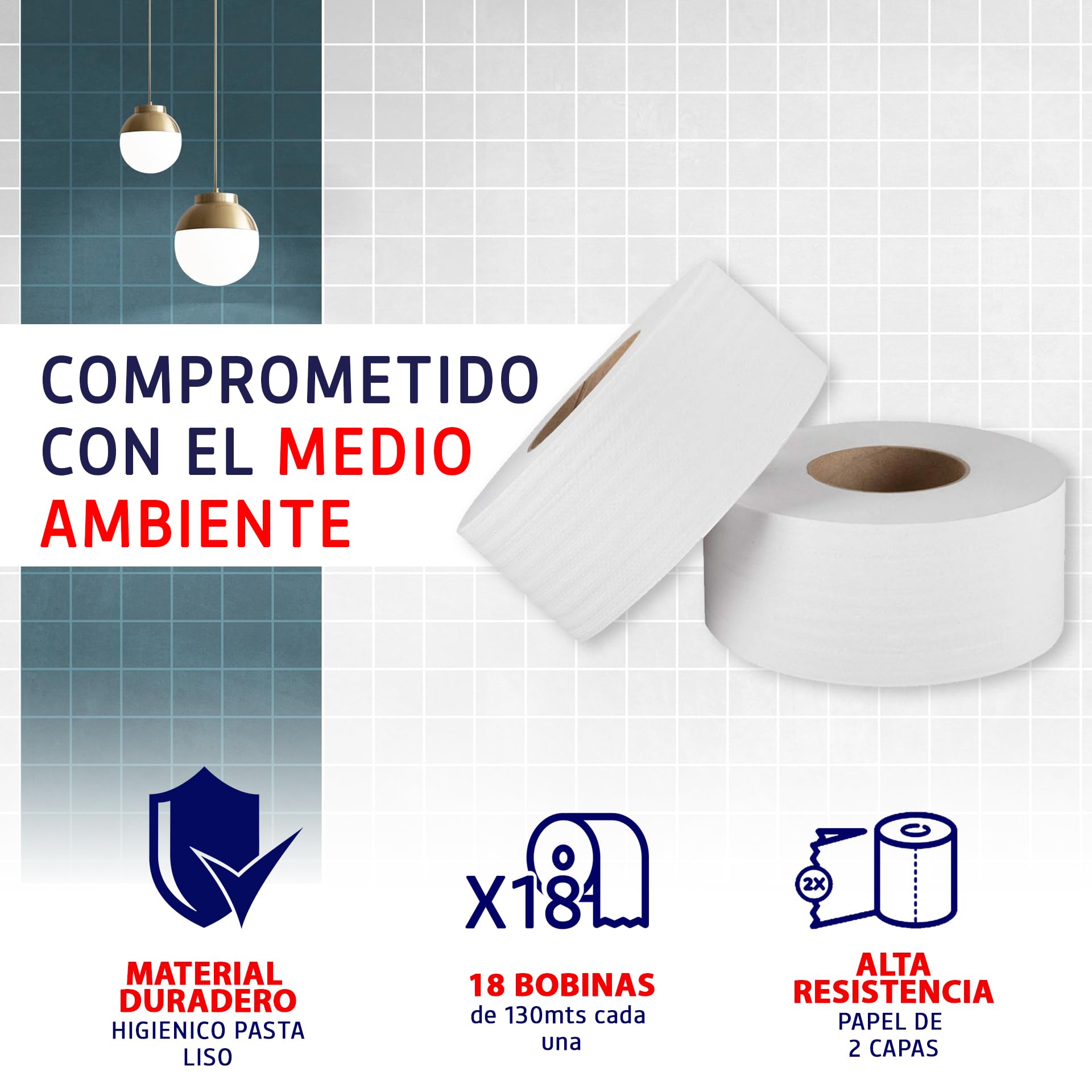 BALSAT | 18 Bobinas De Higiénico | Industrial Resistente Doble Hoja | Rollo Industrial130m | Baño | Ideal en Dispensador.