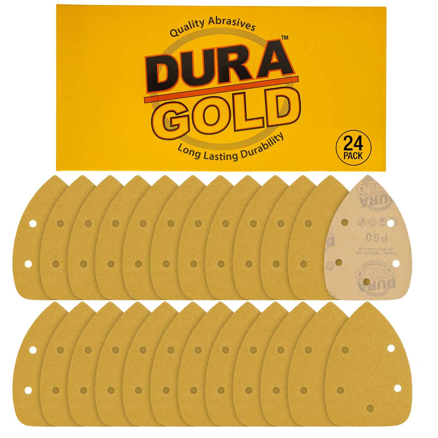 Dura-Gold Premium Mouse Detail Sander Sandpaper Sanding Sheets - 60 Grit (Box of 24) - 5 Hole Pattern Hook & Loop Triangle Mouse Discs - Woodworking