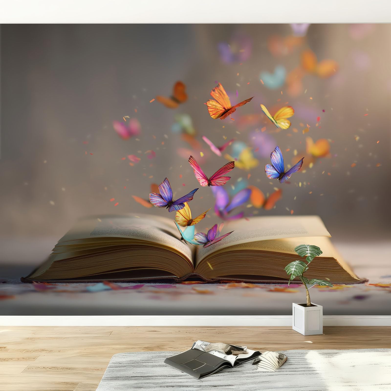 Carta da parati da parete beige con libri sognanti e farfalle colorate, decorazione da parete in tessuto non tessuto di alta qualità, per camera dei bambini e asilo, 250 x 175 cm, carta da parati