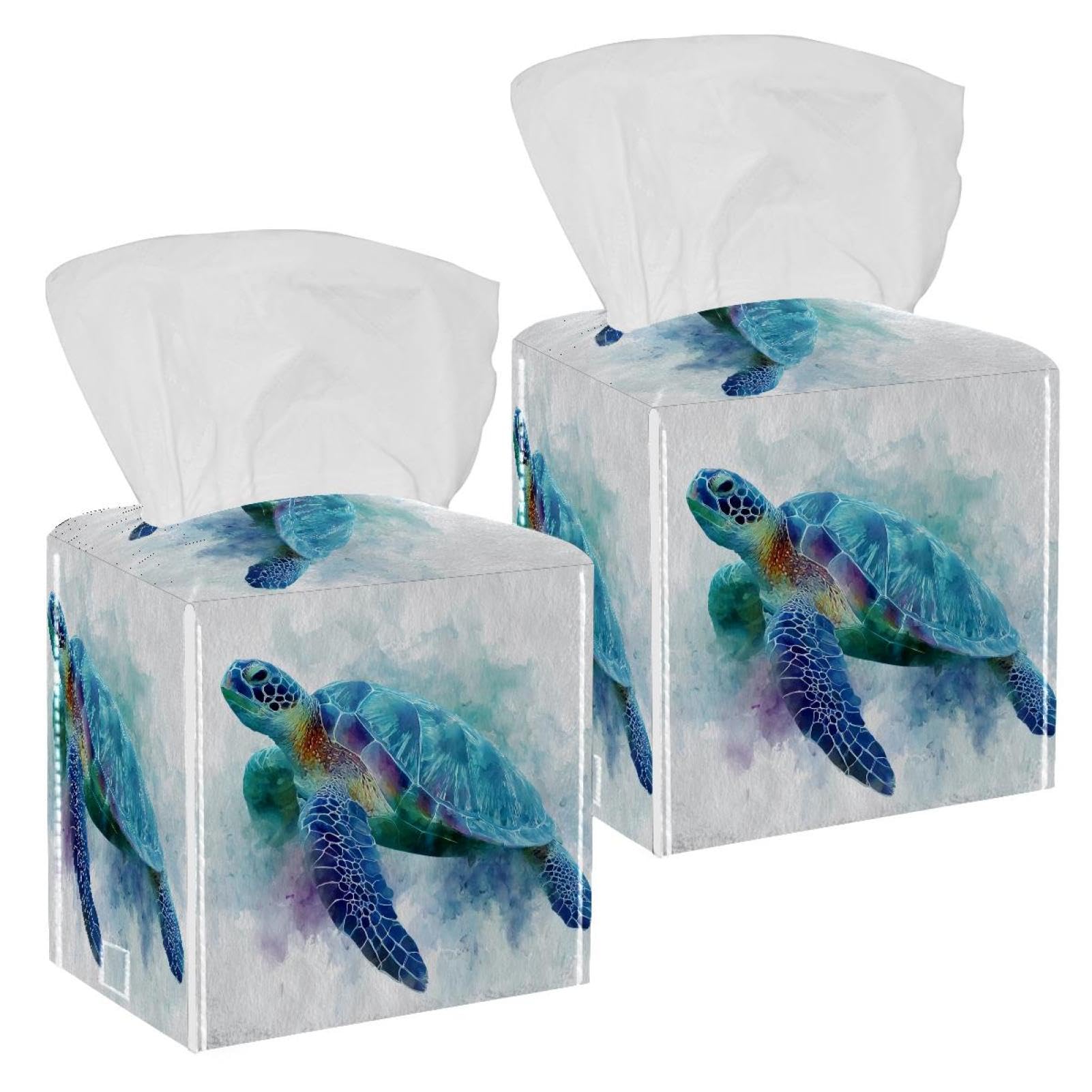 Watercolor Turtle Tissue Box Cover, 2 Pack PU Leather Square Facial Tissue Dispenser Box holder for Home Office Car
