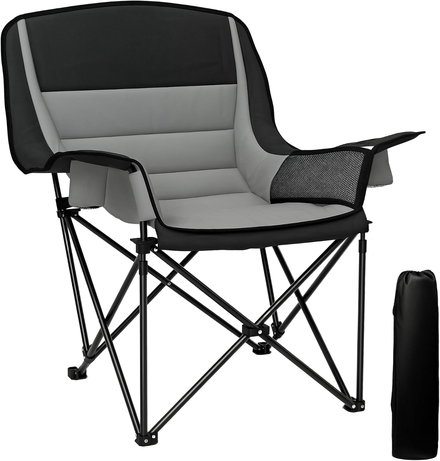 Outsunny Padded Camping Chair for Adults, Portable Folding Camping Chair with Side Pockets, Cup Holders, and Carry Bag, Outdoor Camp Chair for Backyard, Fishing, and Sports, Up to 265 lbs, Gray