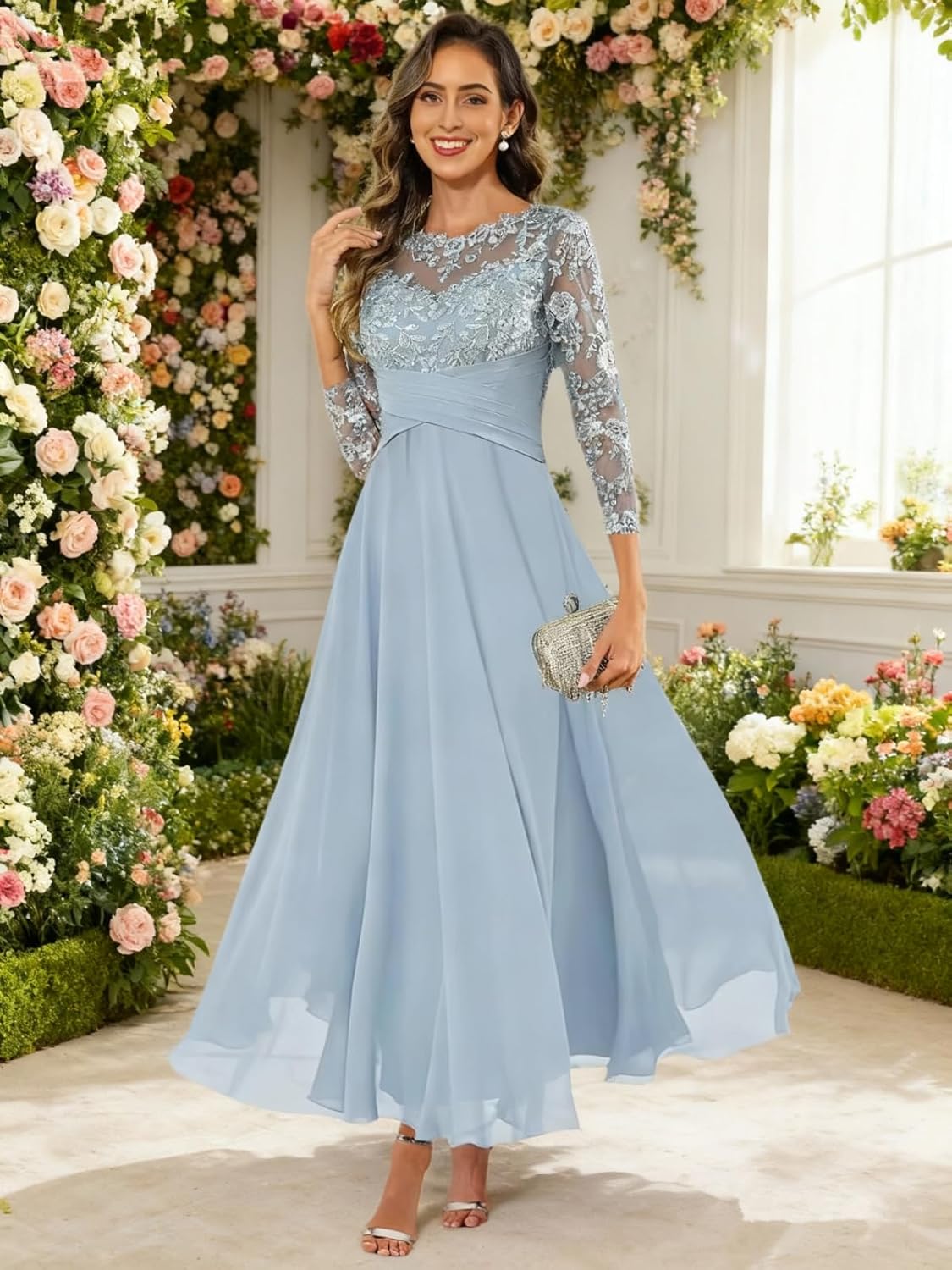 Mother of The Bride Dresses for Women Tea Length Floral Lace Formal Wedding Guest Dress